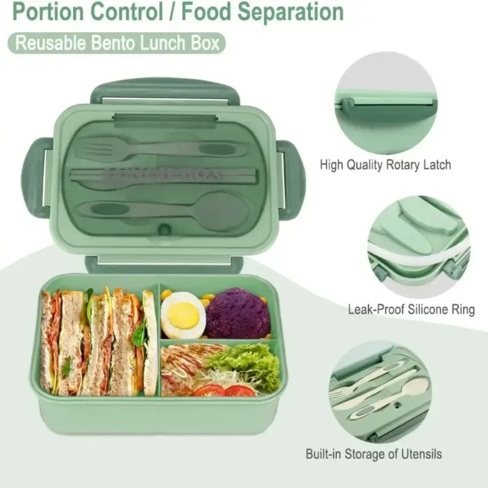 1200ML Bento Lunch Box For Adults Office Picnic, Leak-Resistant Container With Utensils, 3 Sections, Microwave-Safe 