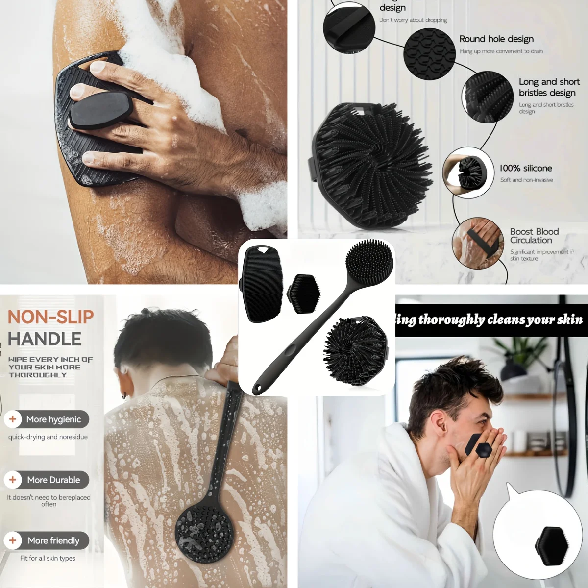 4-piece bath brush set Soft silicone bath brush with non-slip handle, easy to clean and rinse, perfect for use in the bath