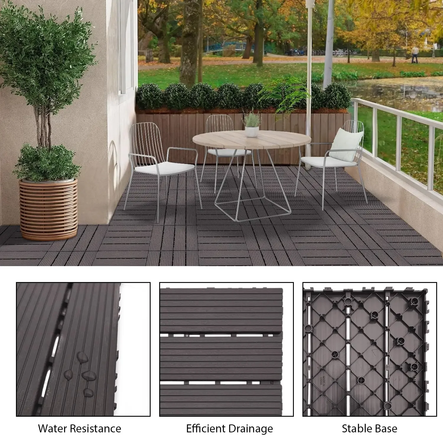 Plastic Interlocking Deck Tiles (84 Pack) - 12"x12" Outdoor Patio Flooring, Decking Tiles for Poolside, Backyard, Balcony