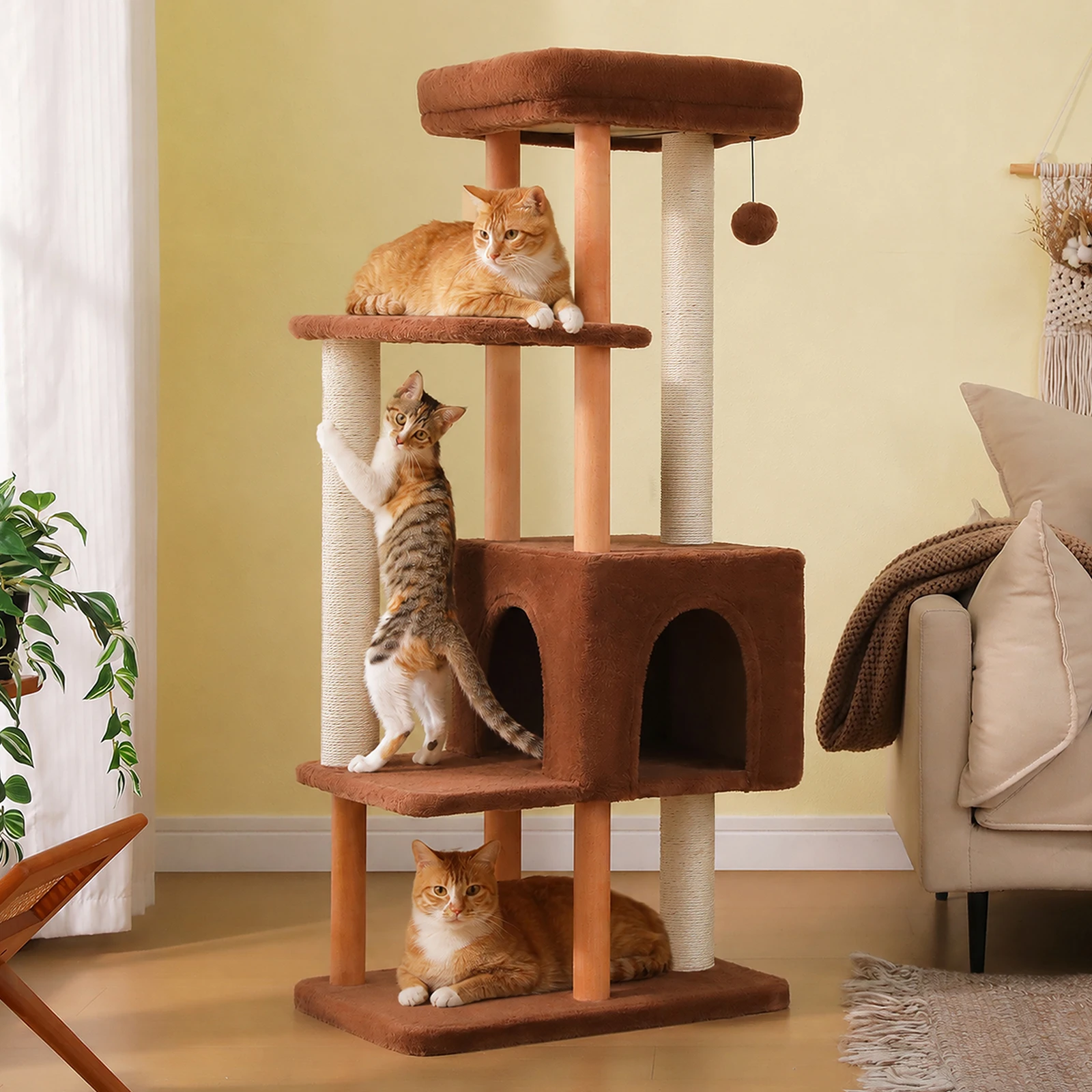 Modern Cat Tree for Indoor Cats, Multi-Level Cat Tree with Lage Cat Condo, Sisal Scratching Posts, Natural Wood Posts, Soft Bed