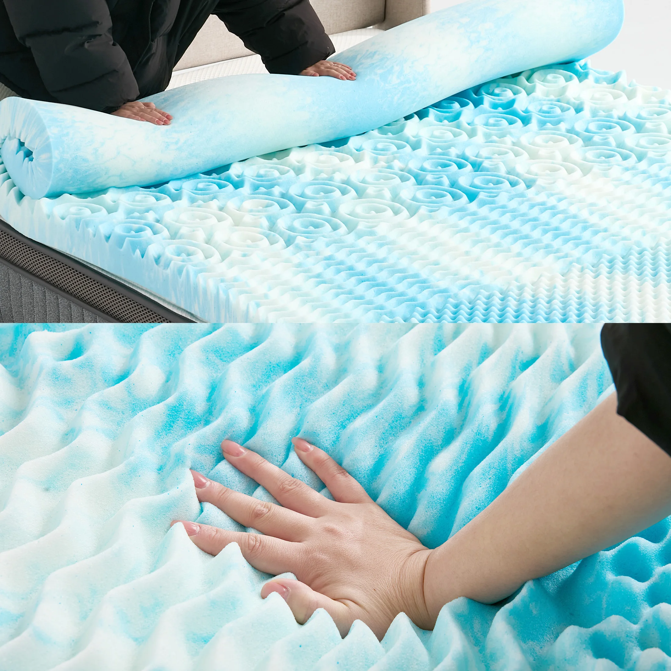 MCQ 2 Inch Memory Foam Mattress Topper 5-Zone Cooling Gel Infused Pressu Gel Breathable Cooling Mattress Soft Bed Topper