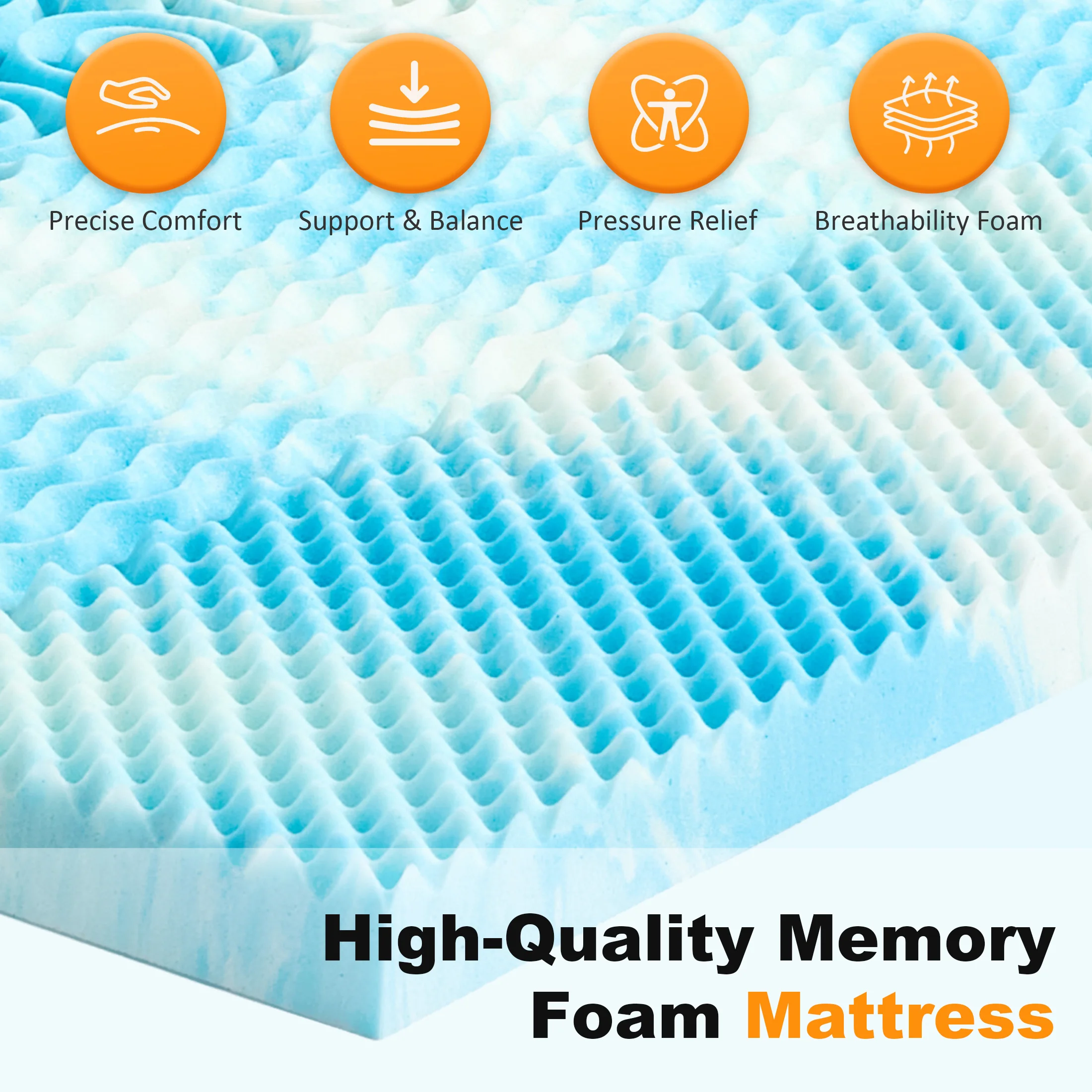 MCQ 2 Inch Memory Foam Mattress Topper 5-Zone Cooling Gel Infused Pressu Gel Breathable Cooling Mattress Soft Bed Topper