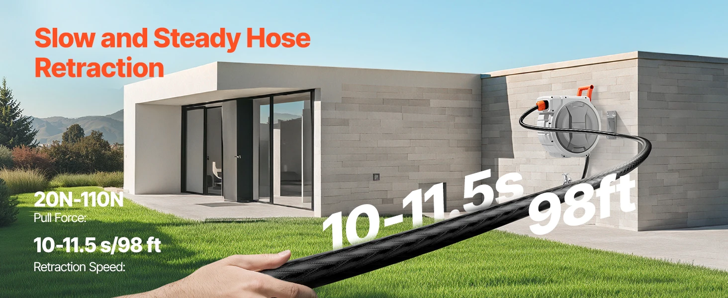 SucceBuy 5/8 Inch x 100ft Retractable Garden Hose Reel with 9 Patterns Nozzle Upgraded Slow Return System and 180°Swivel Bracket