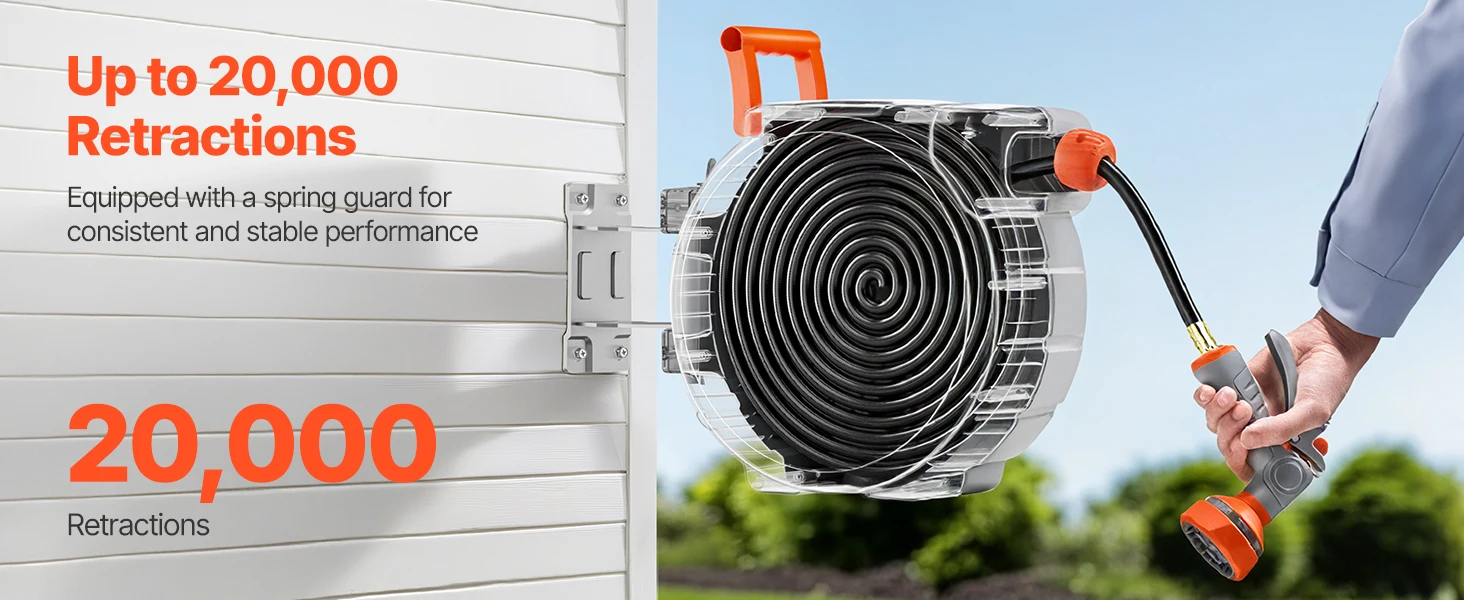 SucceBuy 5/8 Inch x 100ft Retractable Garden Hose Reel with 9 Patterns Nozzle Upgraded Slow Return System and 180°Swivel Bracket