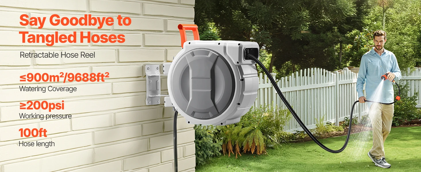 SucceBuy 5/8 Inch x 100ft Retractable Garden Hose Reel with 9 Patterns Nozzle Upgraded Slow Return System and 180°Swivel Bracket
