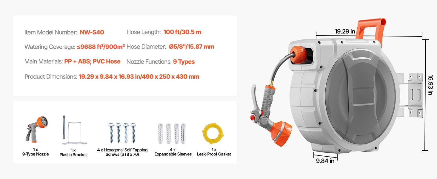 SucceBuy 5/8 Inch x 100ft Retractable Garden Hose Reel with 9 Patterns Nozzle Upgraded Slow Return System and 180°Swivel Bracket
