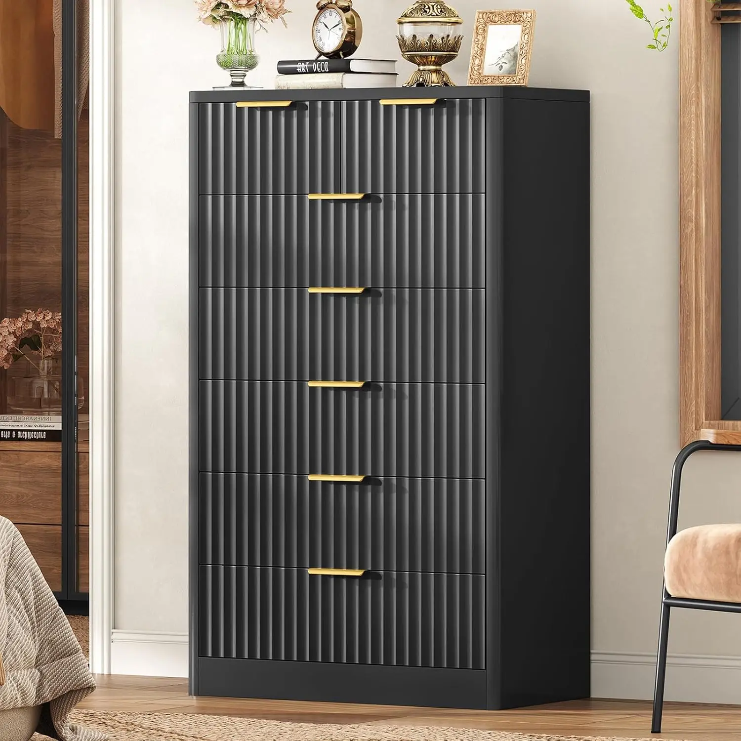 Fluted 7-Drawer Dresser 48" Wood Chest Metal Handles Bedroom Living Room Hallway Storage, Customized