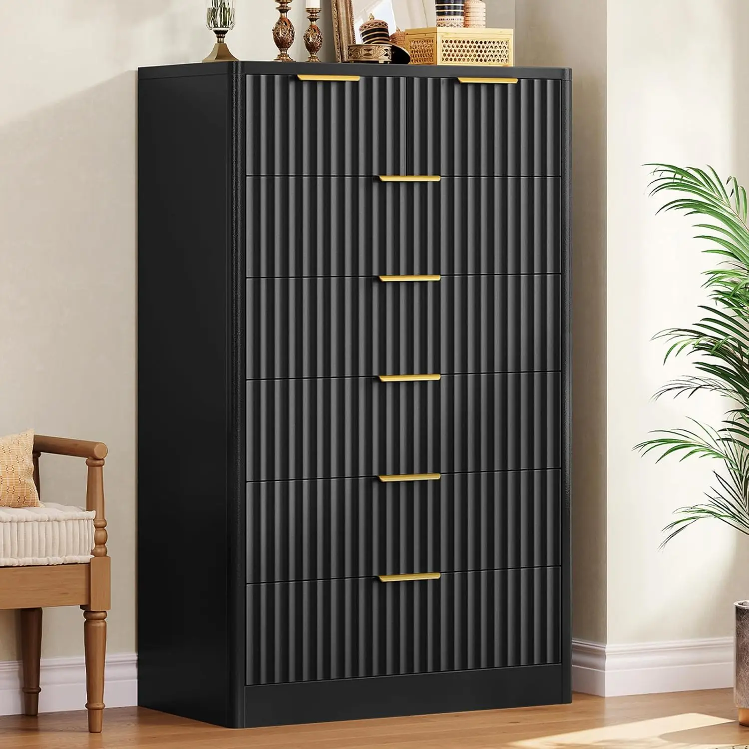 Fluted 7-Drawer Dresser 48" Wood Chest Metal Handles Bedroom Living Room Hallway Storage, Customized