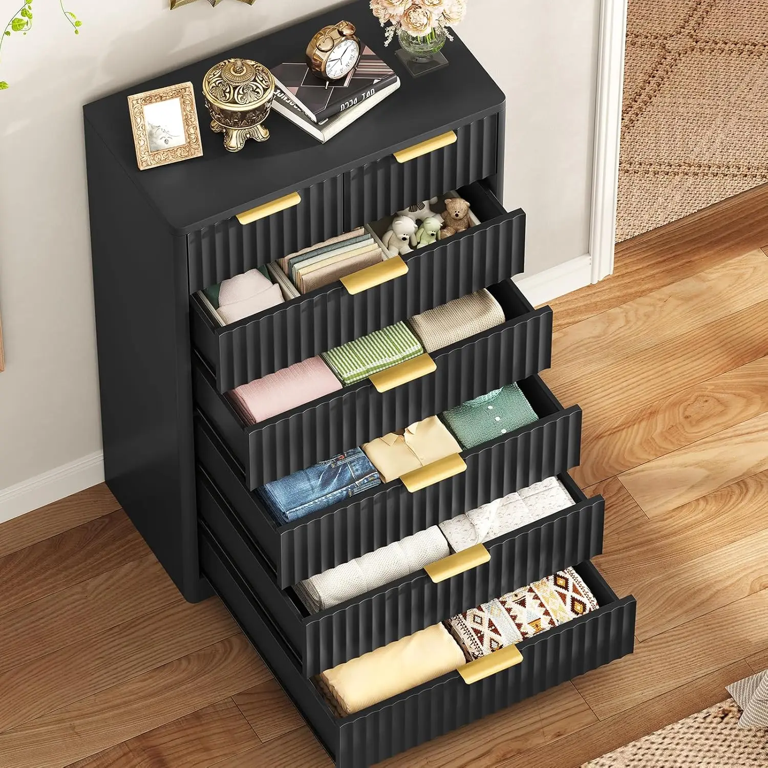 Fluted 7-Drawer Dresser 48" Wood Chest Metal Handles Bedroom Living Room Hallway Storage, Customized