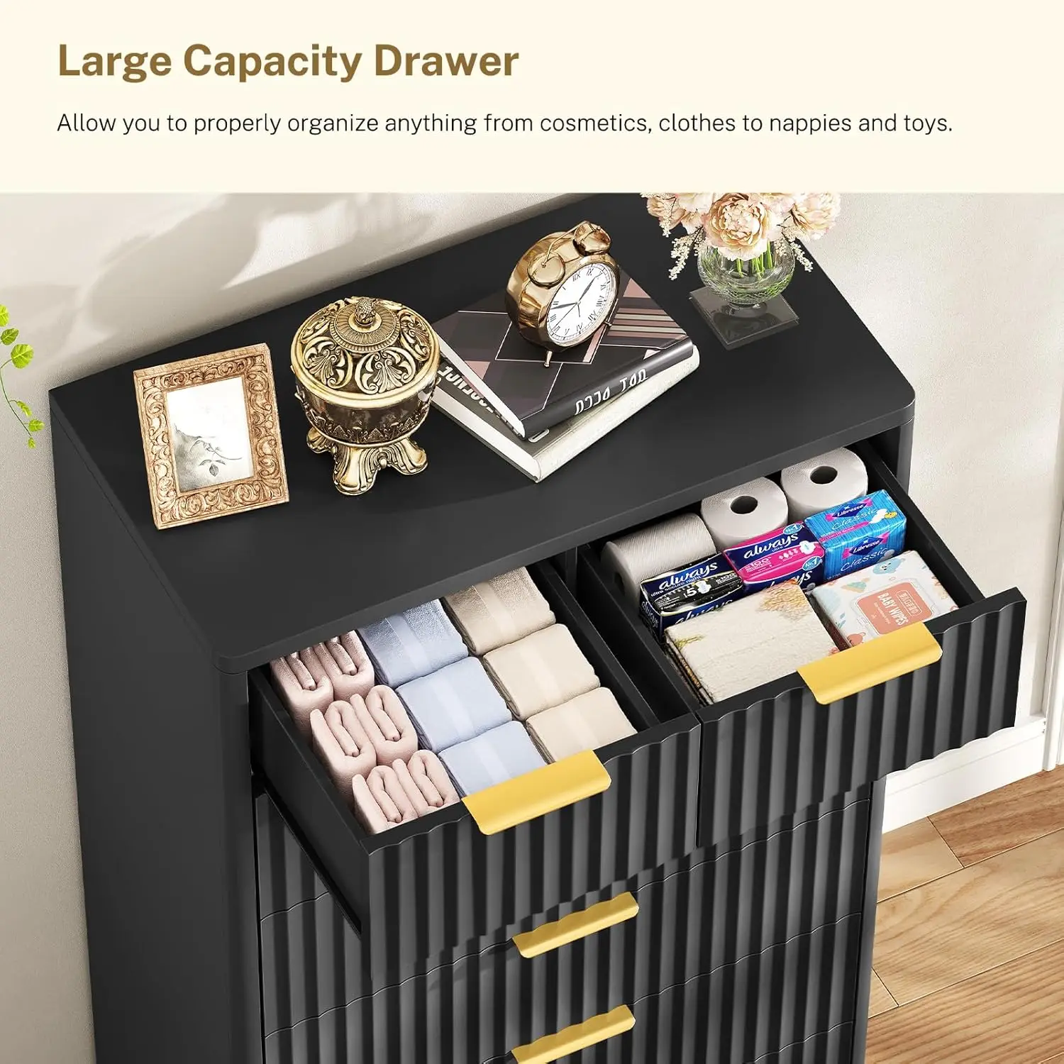 Fluted 7-Drawer Dresser 48" Wood Chest Metal Handles Bedroom Living Room Hallway Storage, Customized
