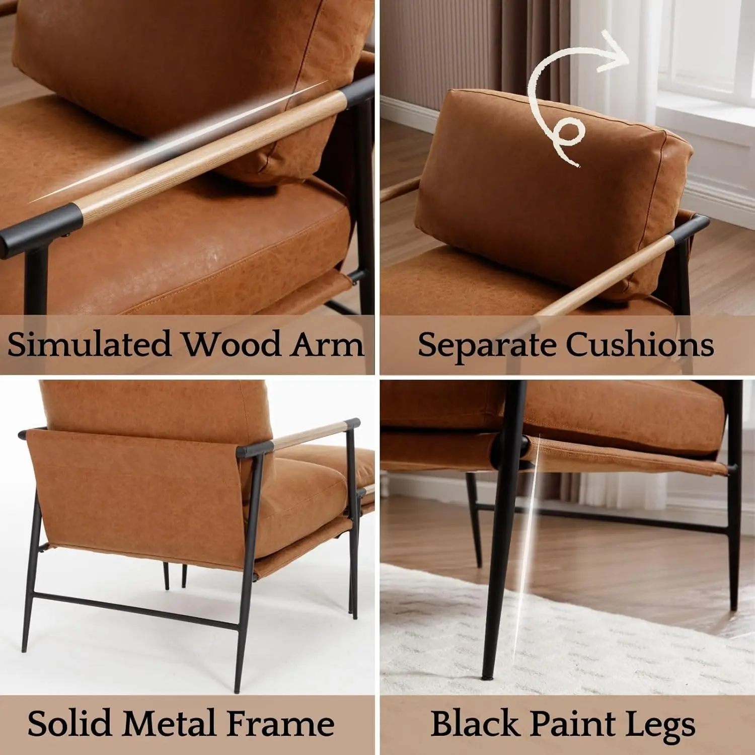 PU Leather Accent Chair Set of 2 Soft Metal Legs Modern Upholstered Mid-Century Lounge Bedroom Living Room, Customized