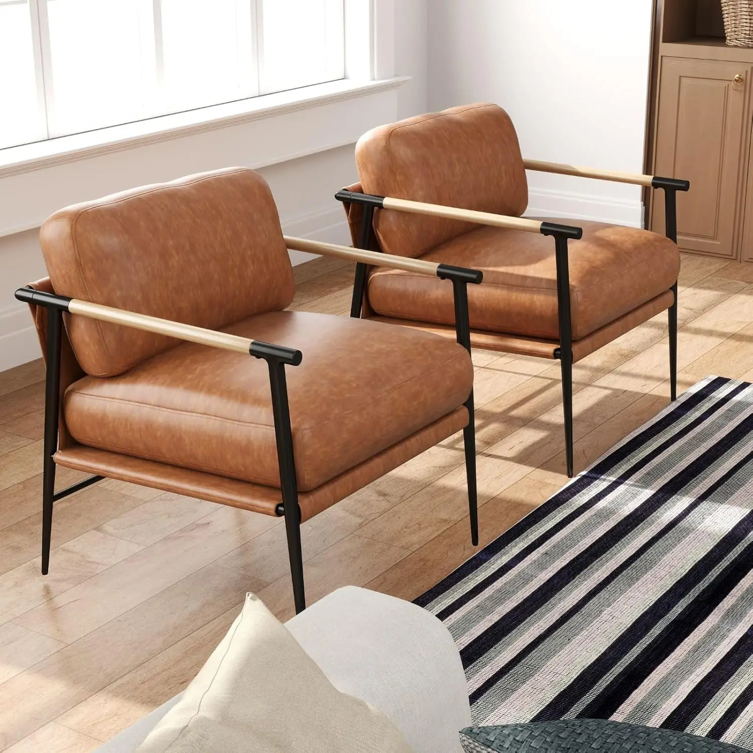 PU Leather Accent Chair Set of 2 Soft Metal Legs Modern Upholstered Mid-Century Lounge Bedroom Living Room, Customized