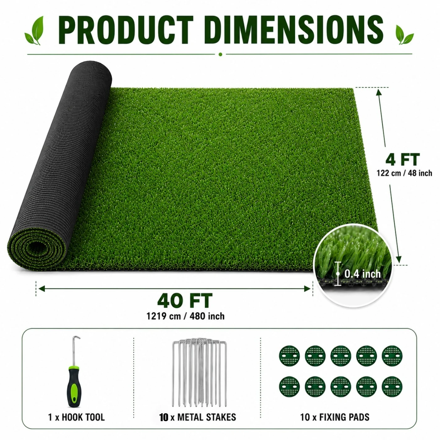 4 ft X 40 ft, 0.4 in Artificial Grass Carpet, Realistic Fake Grass Mat for Patio, Yard, Balcony, Garden, and Pet Area