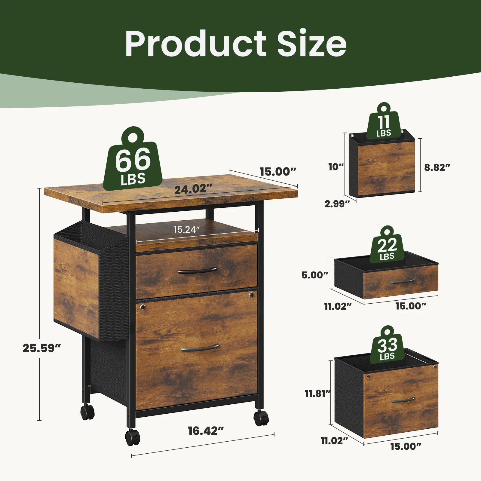 JHK Mobile File Cabinet with 2 Fabric Drawers Printer Stand with Open Shelf & Side Storage Bag Under Desk Office Storage Cabinet with Wheels Rolling Filing Cabinet for A4/Letter Size Files