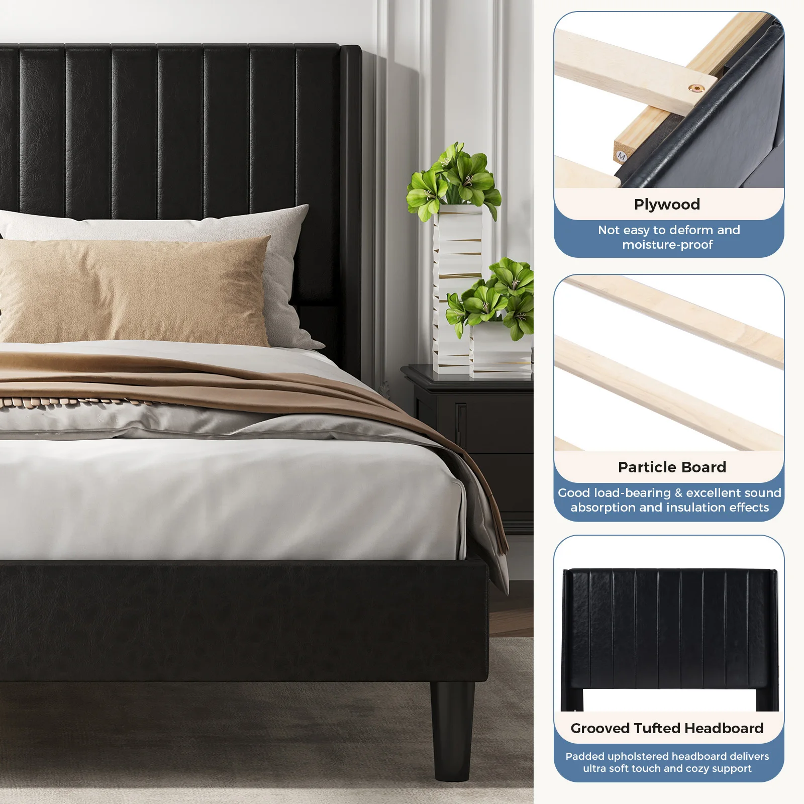 JHK Basic Upholstered Platform Bed Frame with Modern Wingback Headboard Wooden Slats 800lbs Capacity No Box Spring Needed Easy Assembly For Bedroom