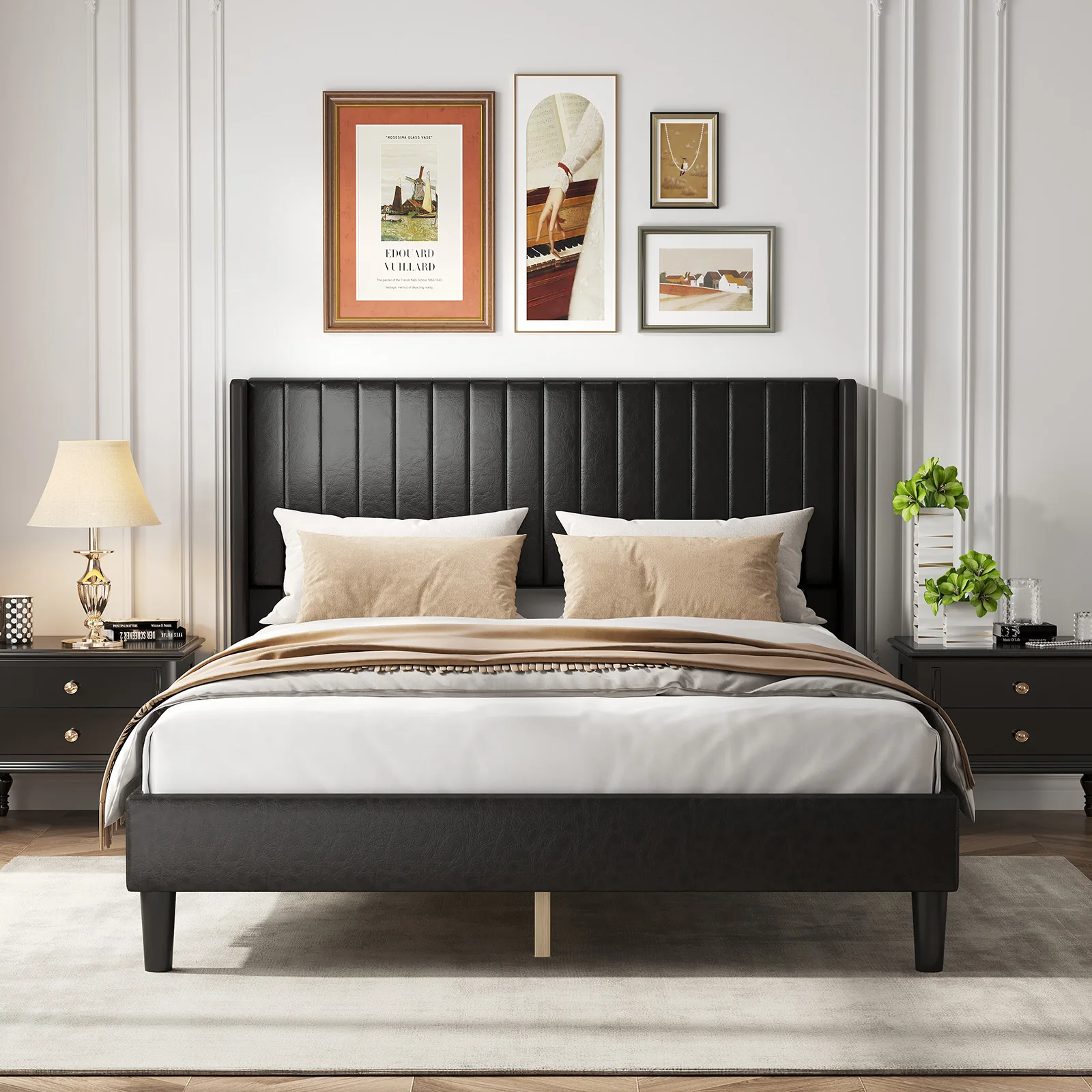 JHK Basic Upholstered Platform Bed Frame with Modern Wingback Headboard Wooden Slats 800lbs Capacity No Box Spring Needed Easy Assembly For Bedroom