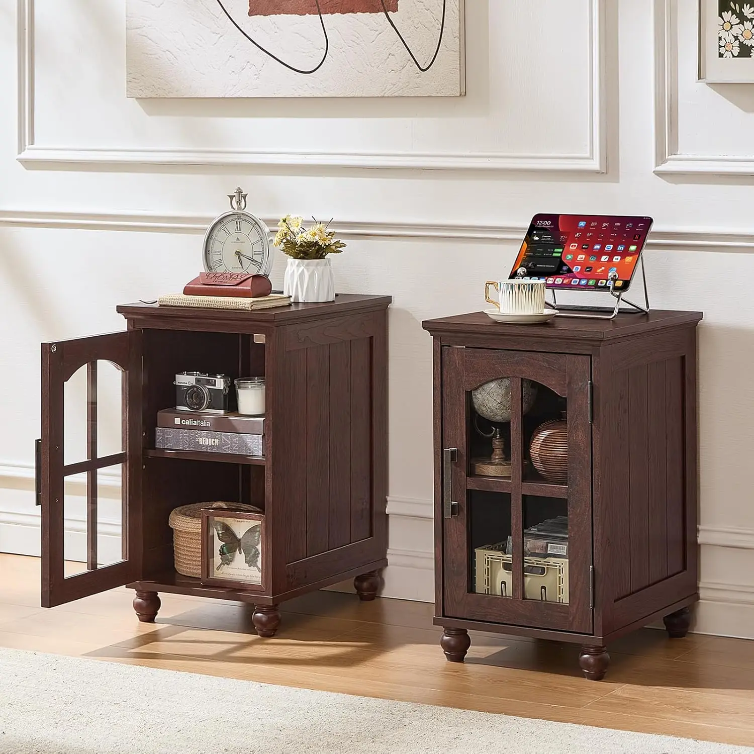Narrow Side Table Set of 2,Farmhouse Nightstand with Charging Station,End Table with Glass Barn Door Storage,, Customized