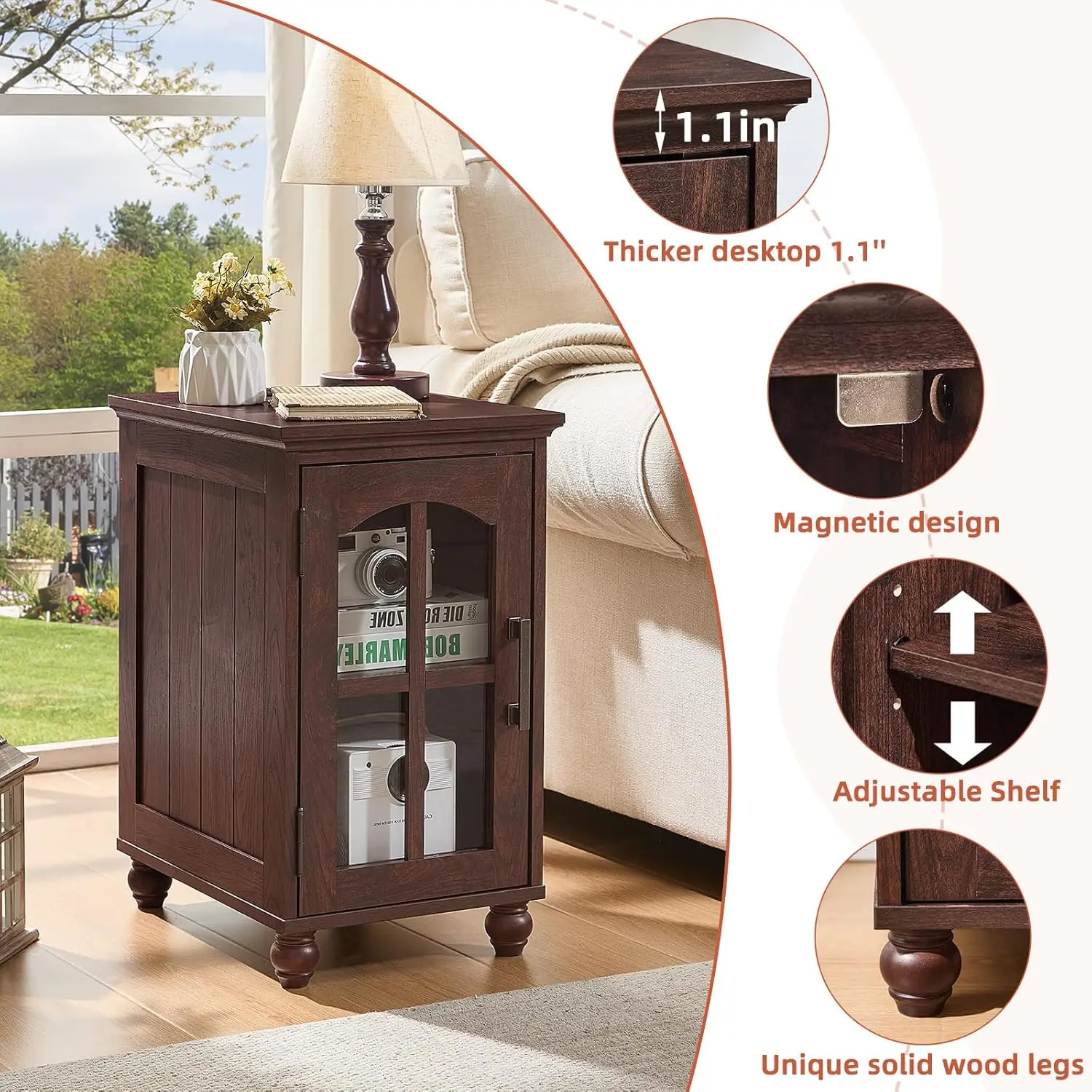 Narrow Side Table Set of 2,Farmhouse Nightstand with Charging Station,End Table with Glass Barn Door Storage,, Customized