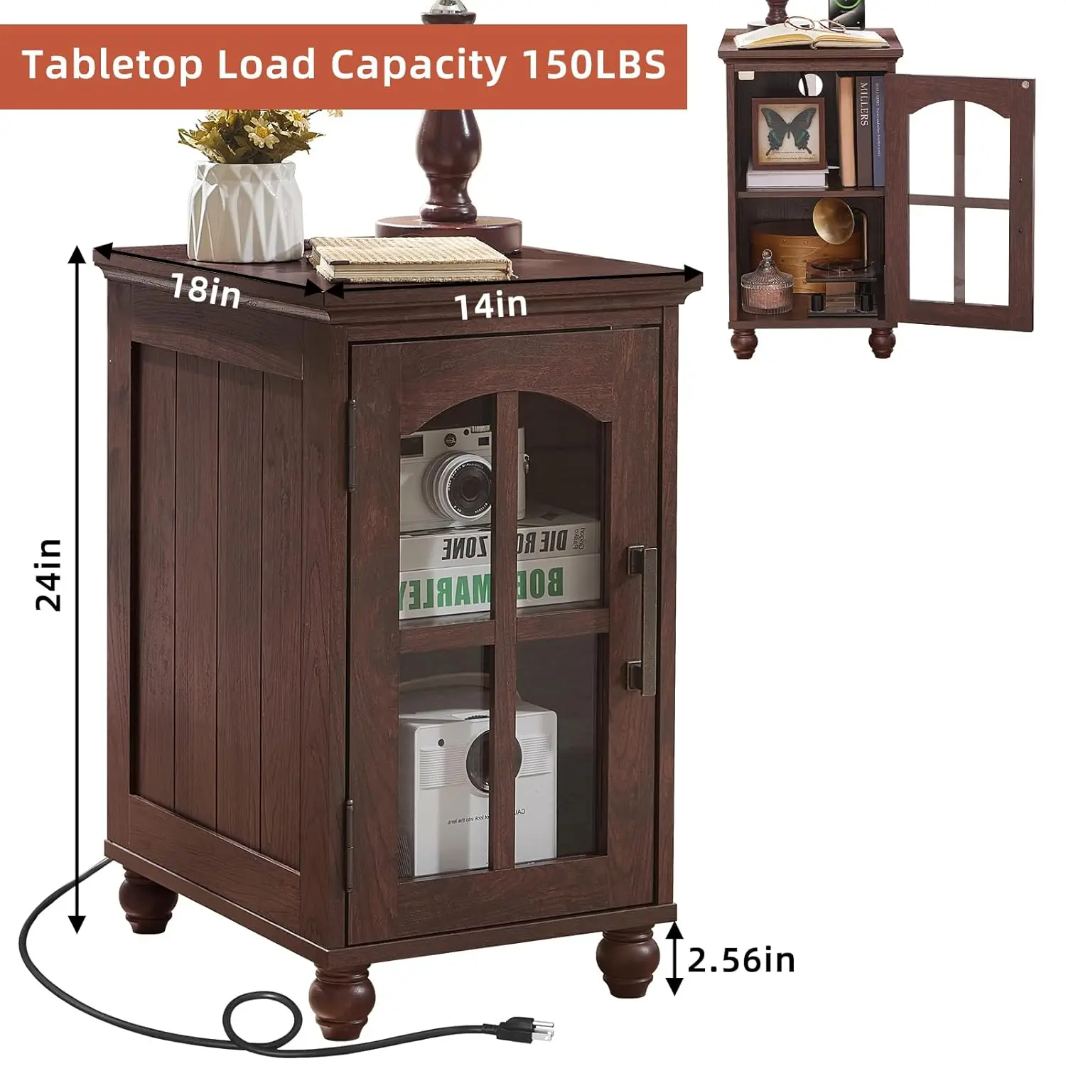 Narrow Side Table Set of 2,Farmhouse Nightstand with Charging Station,End Table with Glass Barn Door Storage,, Customized
