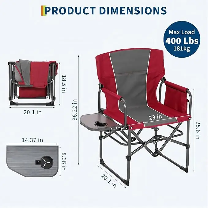 2 Pack Oversized Camping Directors Chair, Heavy Duty Portable Folding Lawn Chair with Side Table & Storage Pocket, Outdoor Foldable Camp Chair for Adults, Beach, Fishing, Picnic