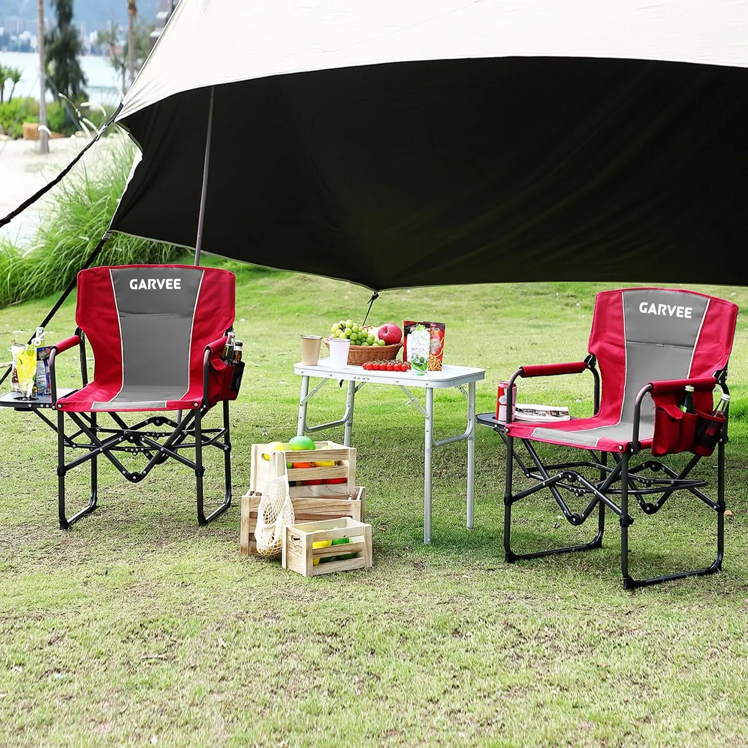 2 Pack Oversized Camping Directors Chair, Heavy Duty Portable Folding Lawn Chair with Side Table & Storage Pocket, Outdoor Foldable Camp Chair for Adults, Beach, Fishing, Picnic