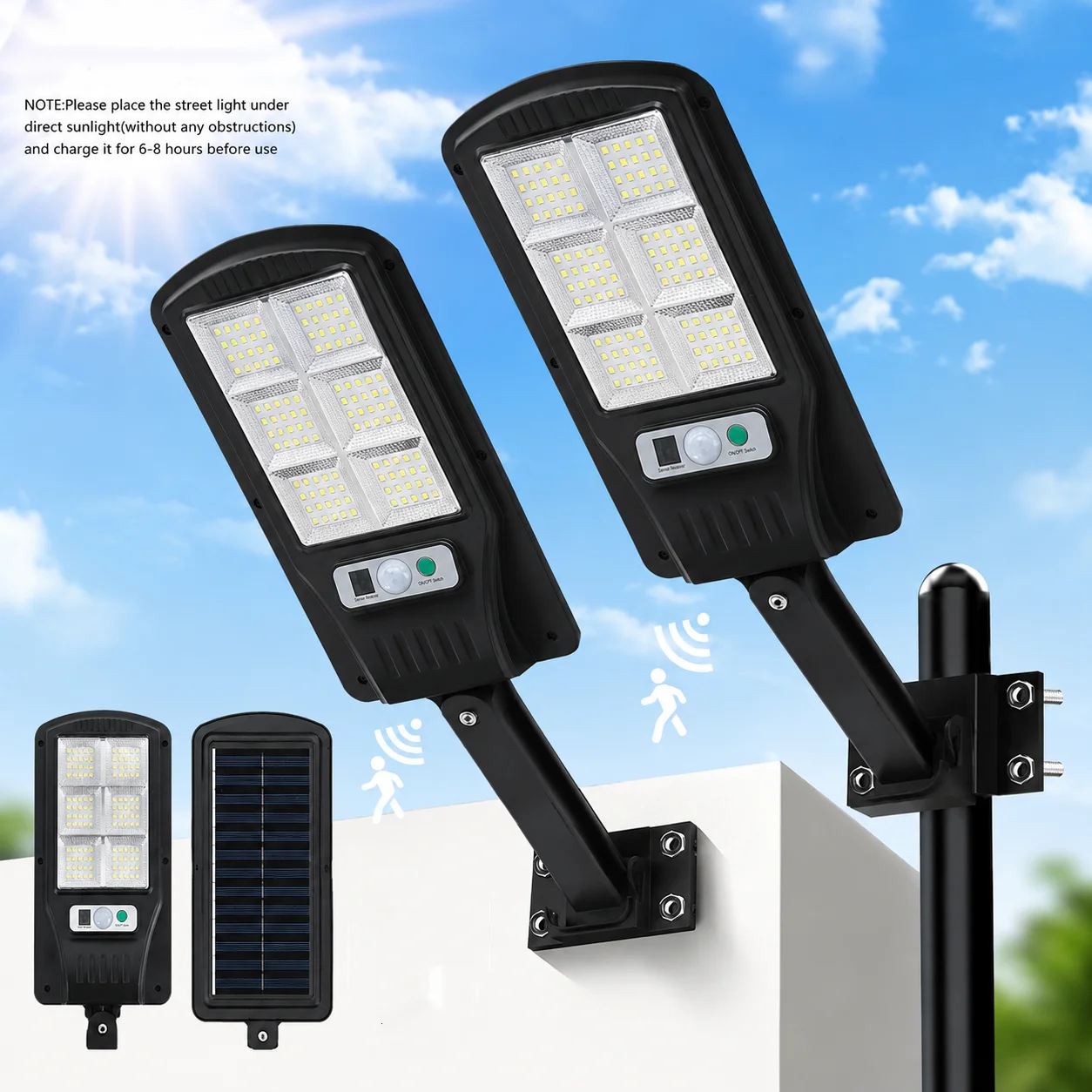2Pcs New Solar Street Lights, Wall Lights, Post Lights, with White Light/Three-Level Adjustable Remote Control, Outdoor Street Lights with Smart Motion Sensor, Three Modes of White Light, Suitable for Outdoor Use, Garden Lighting, Landscape Door Sensor Lights