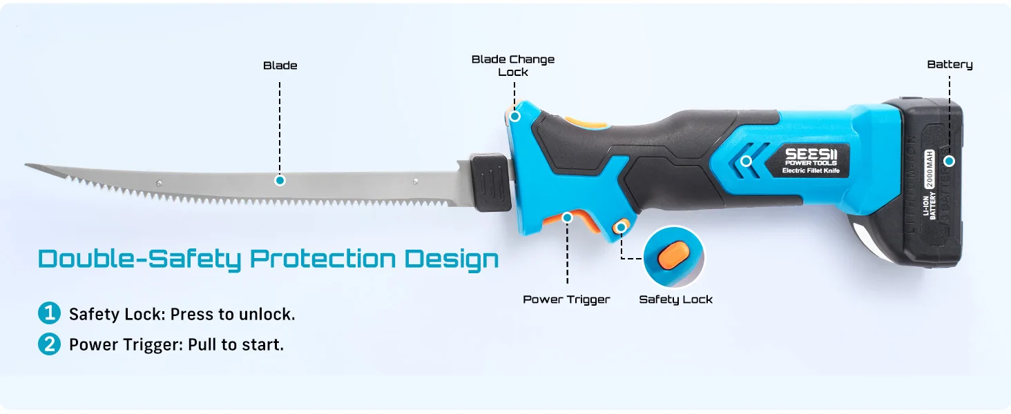 SEESII Cordless Electric Fillet Knife Rechargable Fish Knife Cutter Bread Beef Knives Kitchen Cooking Tools with 2.0Ah Battery for Fishing Filleting