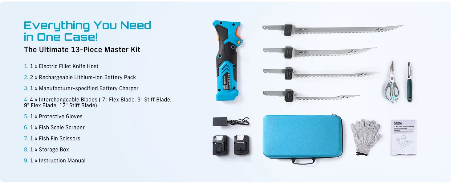SEESII Cordless Electric Fillet Knife Rechargable Fish Knife Cutter Bread Beef Knives Kitchen Cooking Tools with 2.0Ah Battery for Fishing Filleting