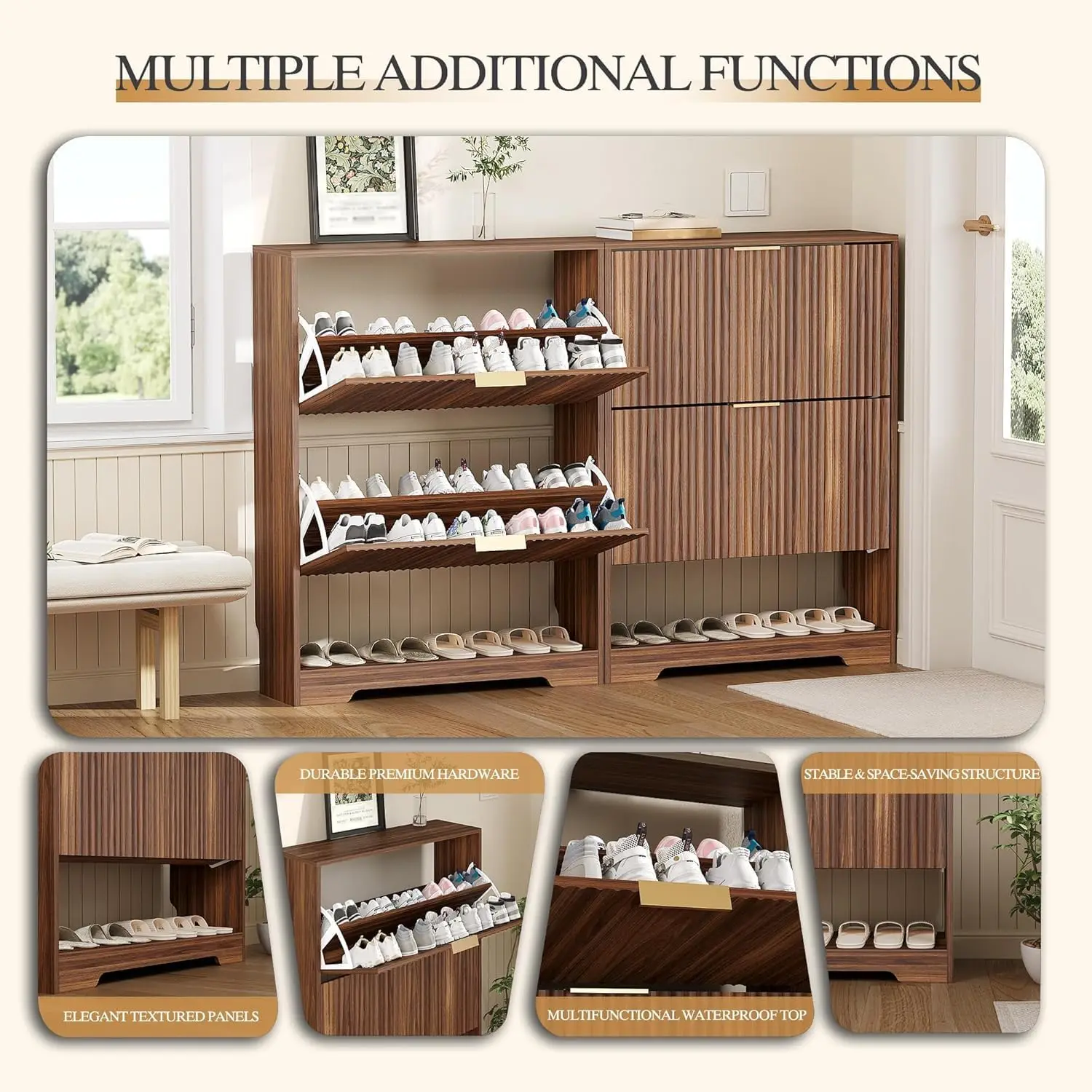 Shoe Storage Cabinet with 2 Flip Drawers,Slim Fluted Shoe Rack Cabinet with Open Storage,Wooden Hidden Shoe Rack Freestanding Narrow Shoes Organizer for Hallway, Entrance,Foyer