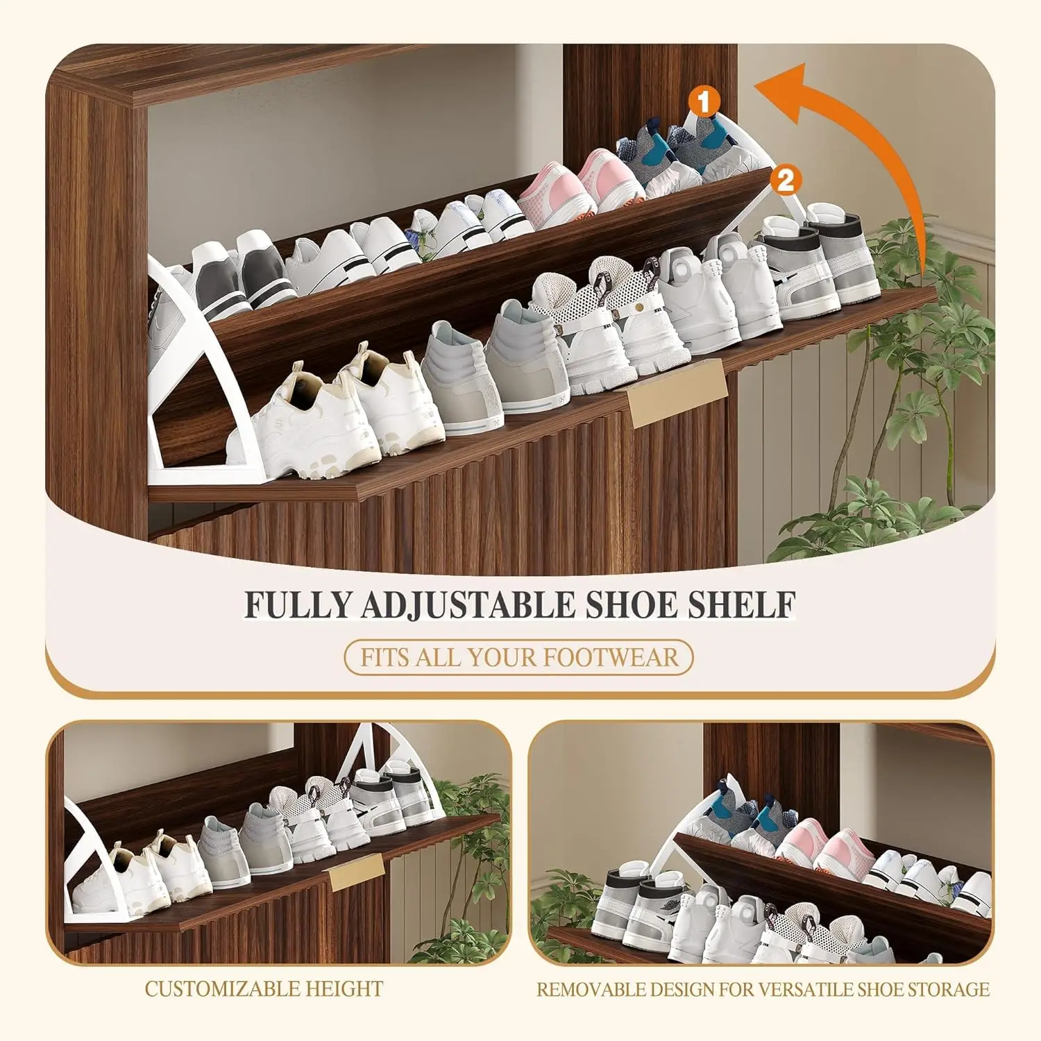 Shoe Storage Cabinet with 2 Flip Drawers,Slim Fluted Shoe Rack Cabinet with Open Storage,Wooden Hidden Shoe Rack Freestanding Narrow Shoes Organizer for Hallway, Entrance,Foyer