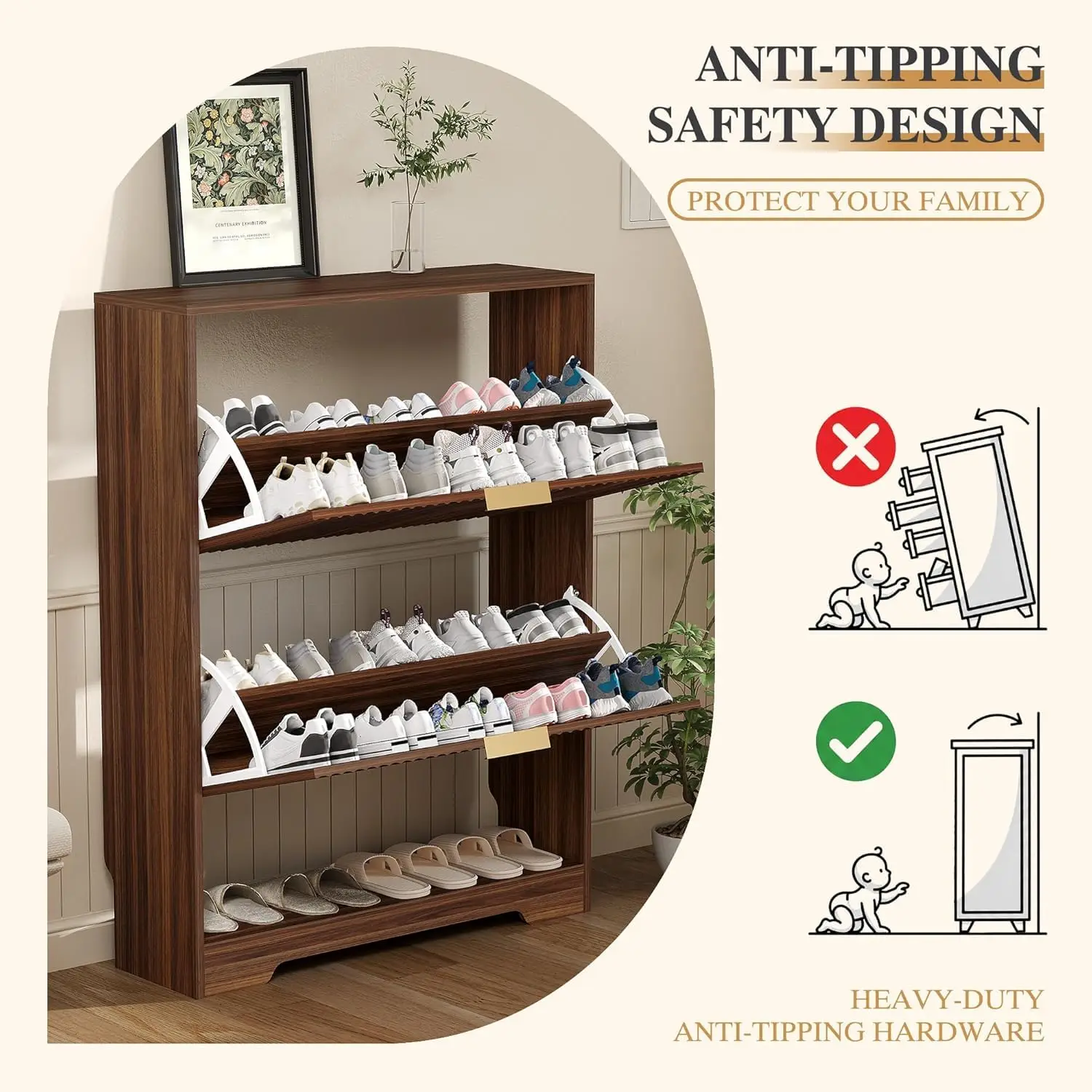 Shoe Storage Cabinet with 2 Flip Drawers,Slim Fluted Shoe Rack Cabinet with Open Storage,Wooden Hidden Shoe Rack Freestanding Narrow Shoes Organizer for Hallway, Entrance,Foyer