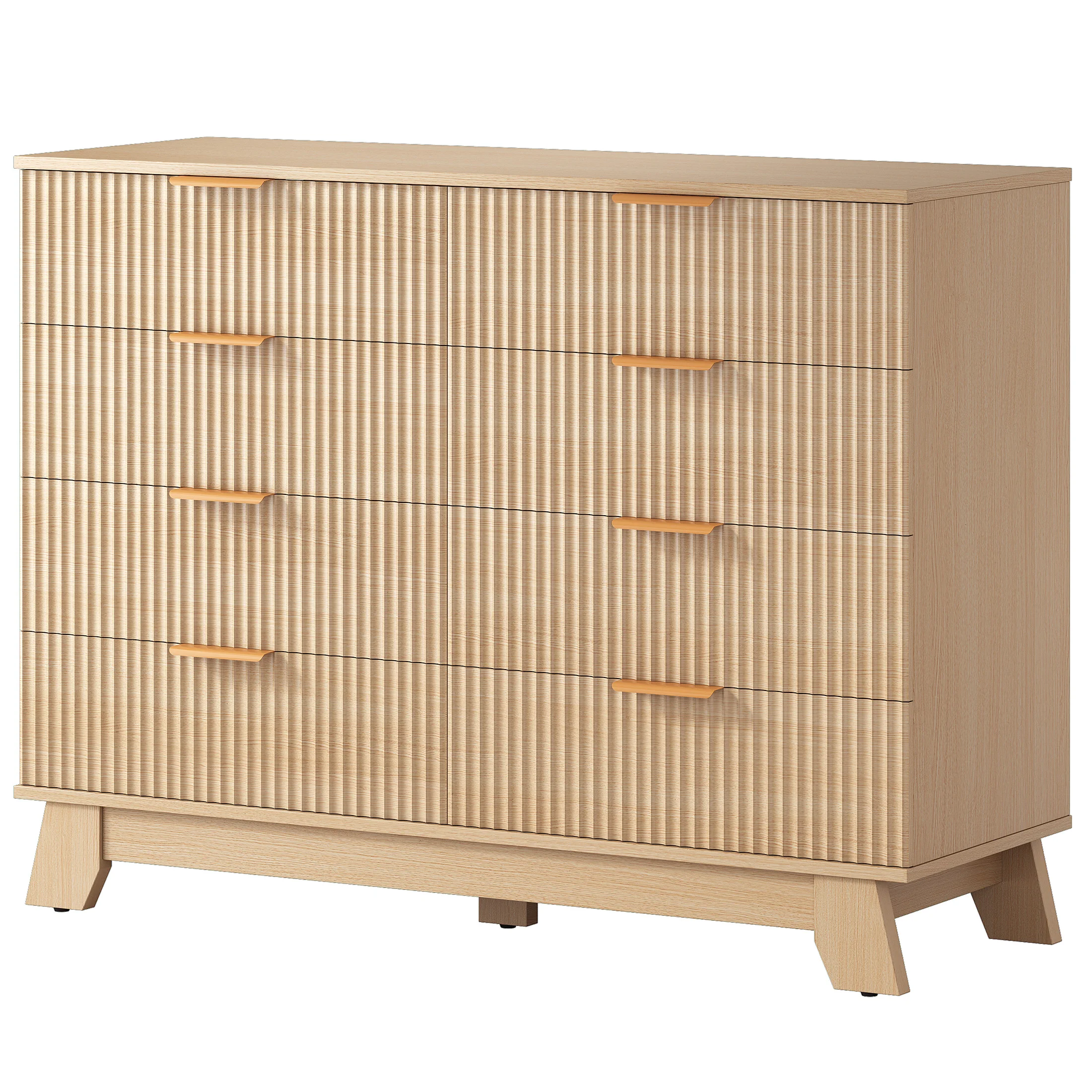 JHK 8 Drawer Dresser Fluted Wooden Cabinet Wide Modern Chest of Drawers with Gold Metal Handles Storage Organizer Unit for Living Room Hallway