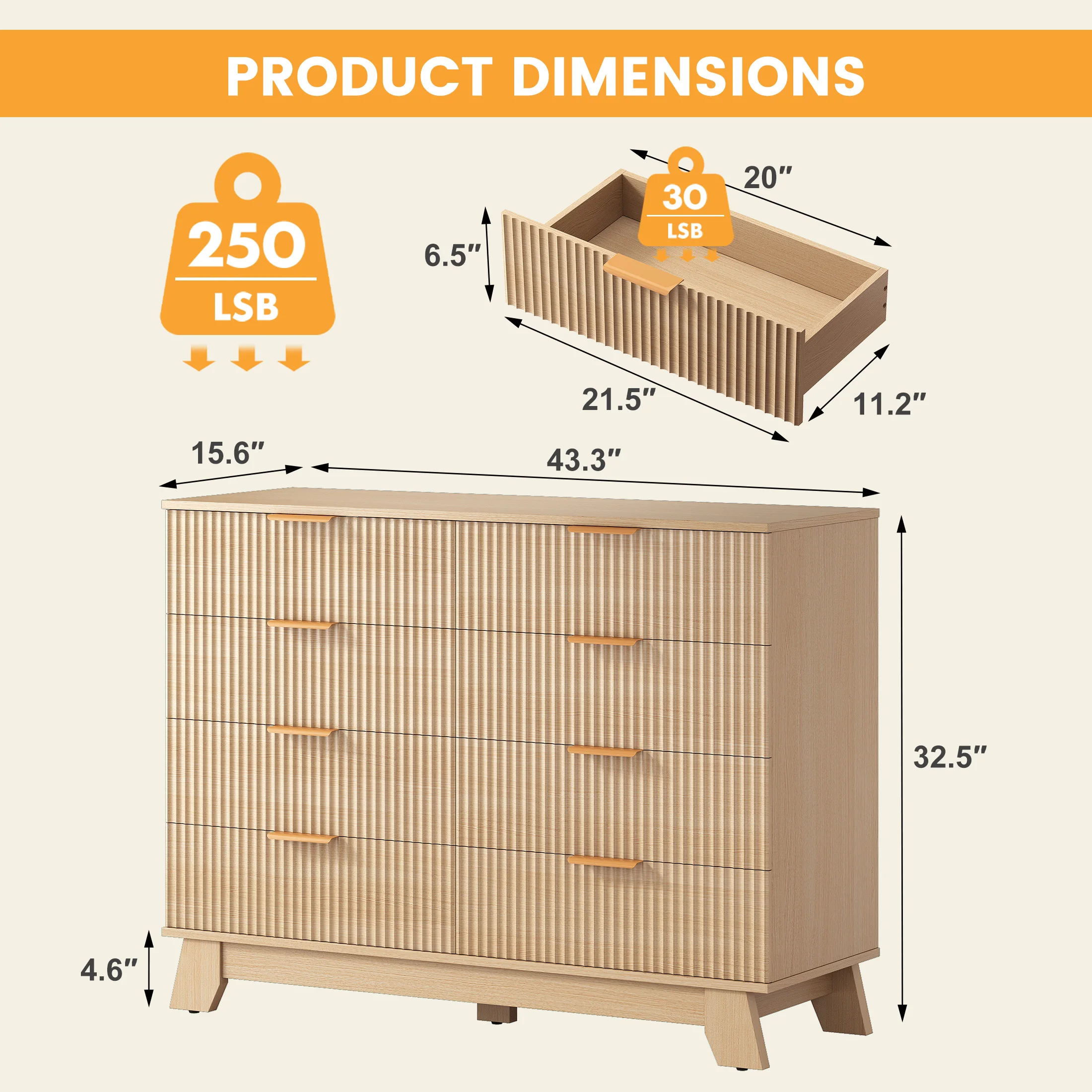 JHK 8 Drawer Dresser Fluted Wooden Cabinet Wide Modern Chest of Drawers with Gold Metal Handles Storage Organizer Unit for Living Room Hallway