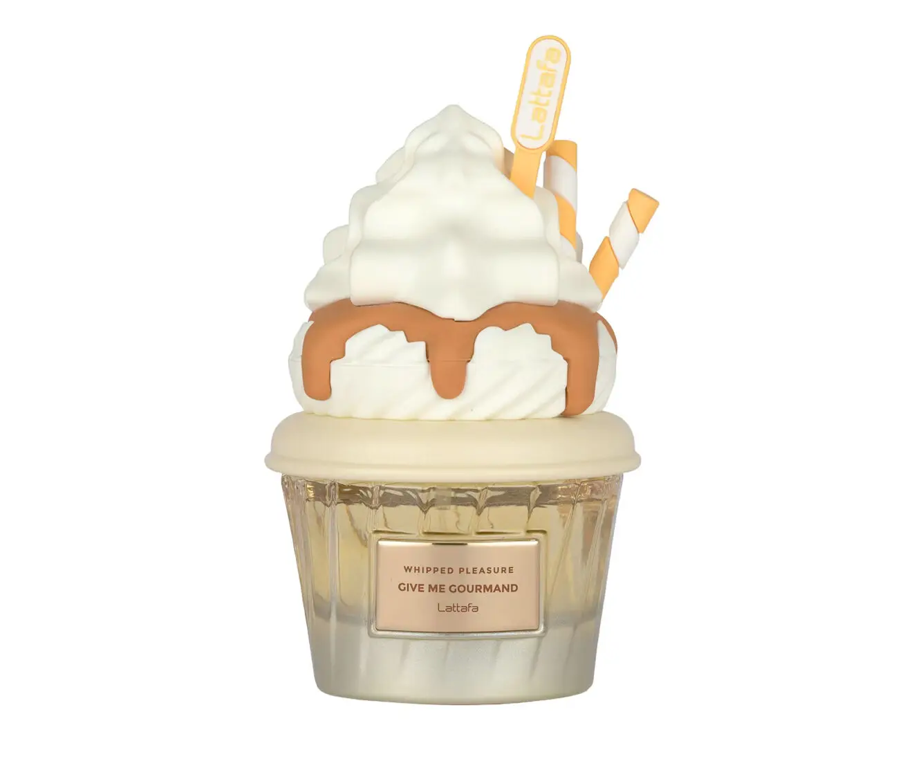 Lattafa Whipped Pleasure Give Me Gourmand EDP Perfume For Women Rich Buttery Caramel Milky Vanilla Gourmand Aroma Long Lasting Unique Gradient Beige Cup Bottle With Orange Striped Straw Decor Daily Dating Present