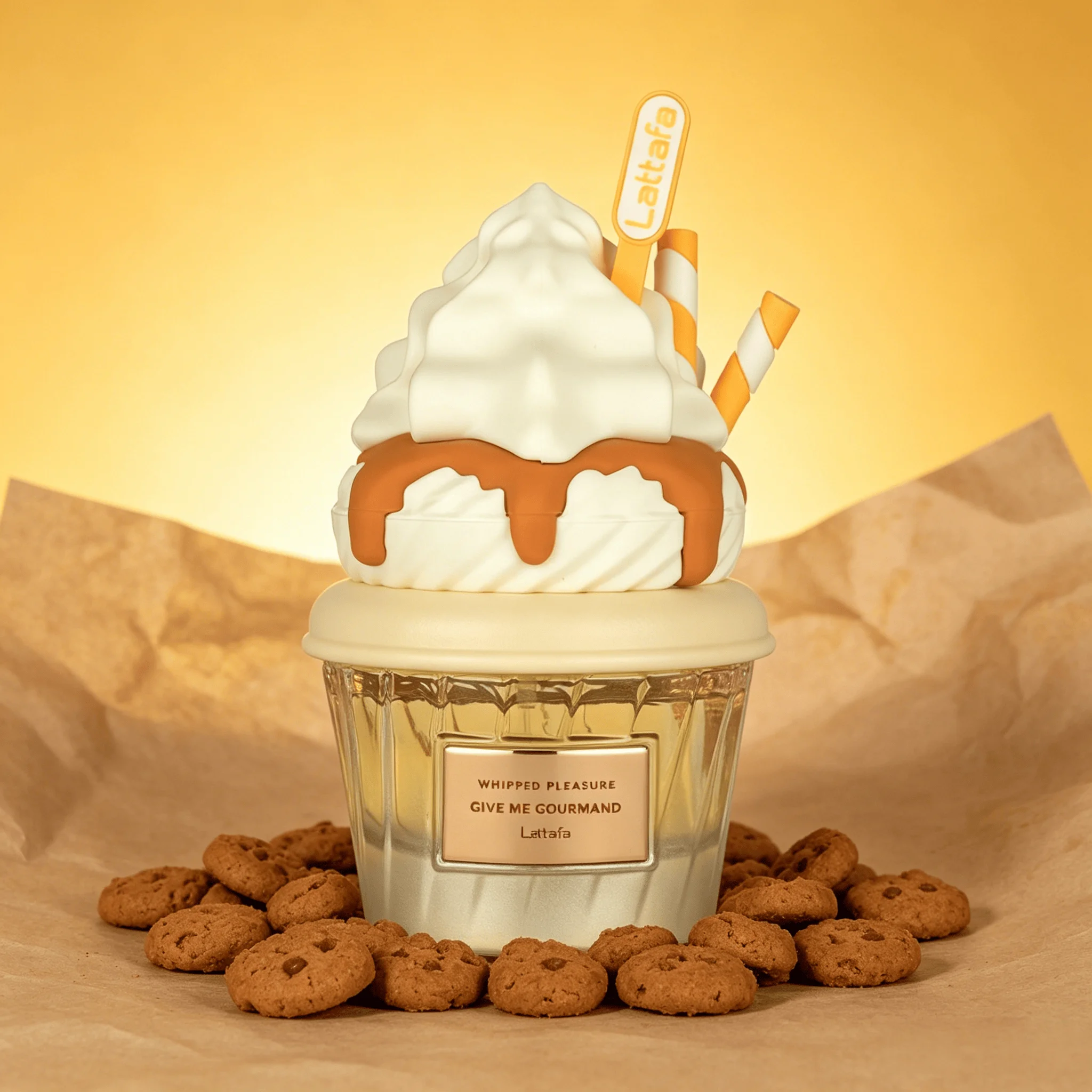 Lattafa Whipped Pleasure Give Me Gourmand EDP Perfume For Women Rich Buttery Caramel Milky Vanilla Gourmand Aroma Long Lasting Unique Gradient Beige Cup Bottle With Orange Striped Straw Decor Daily Dating Present