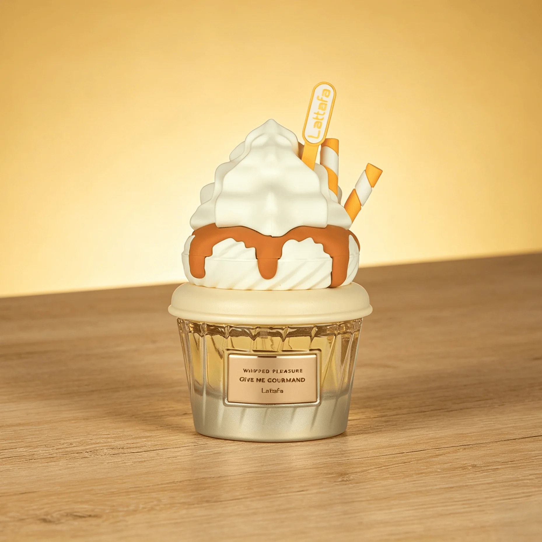 Lattafa Whipped Pleasure Give Me Gourmand EDP Perfume For Women Rich Buttery Caramel Milky Vanilla Gourmand Aroma Long Lasting Unique Gradient Beige Cup Bottle With Orange Striped Straw Decor Daily Dating Present