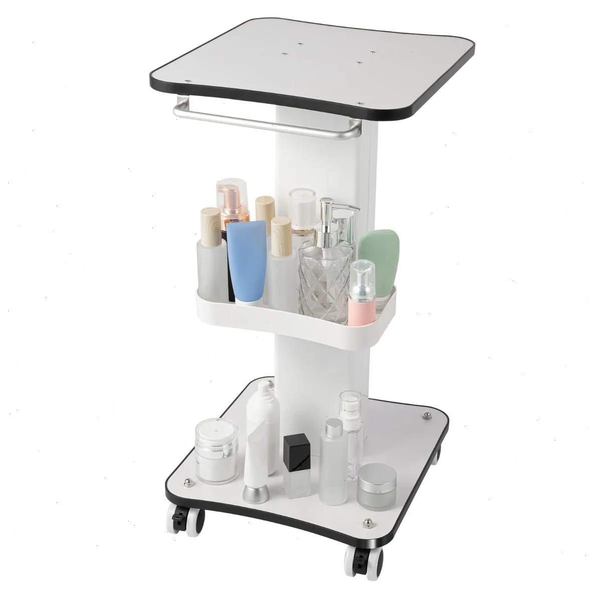  Beauty Trolley Cart with Wheels , 3-Tier Large Capacity Utility Storage , Iron Frame, Wood Tabletop, ABS Trays , Storage Shelf for Salon Spa Nail Equipment, Durable Mobile Rolling Cart