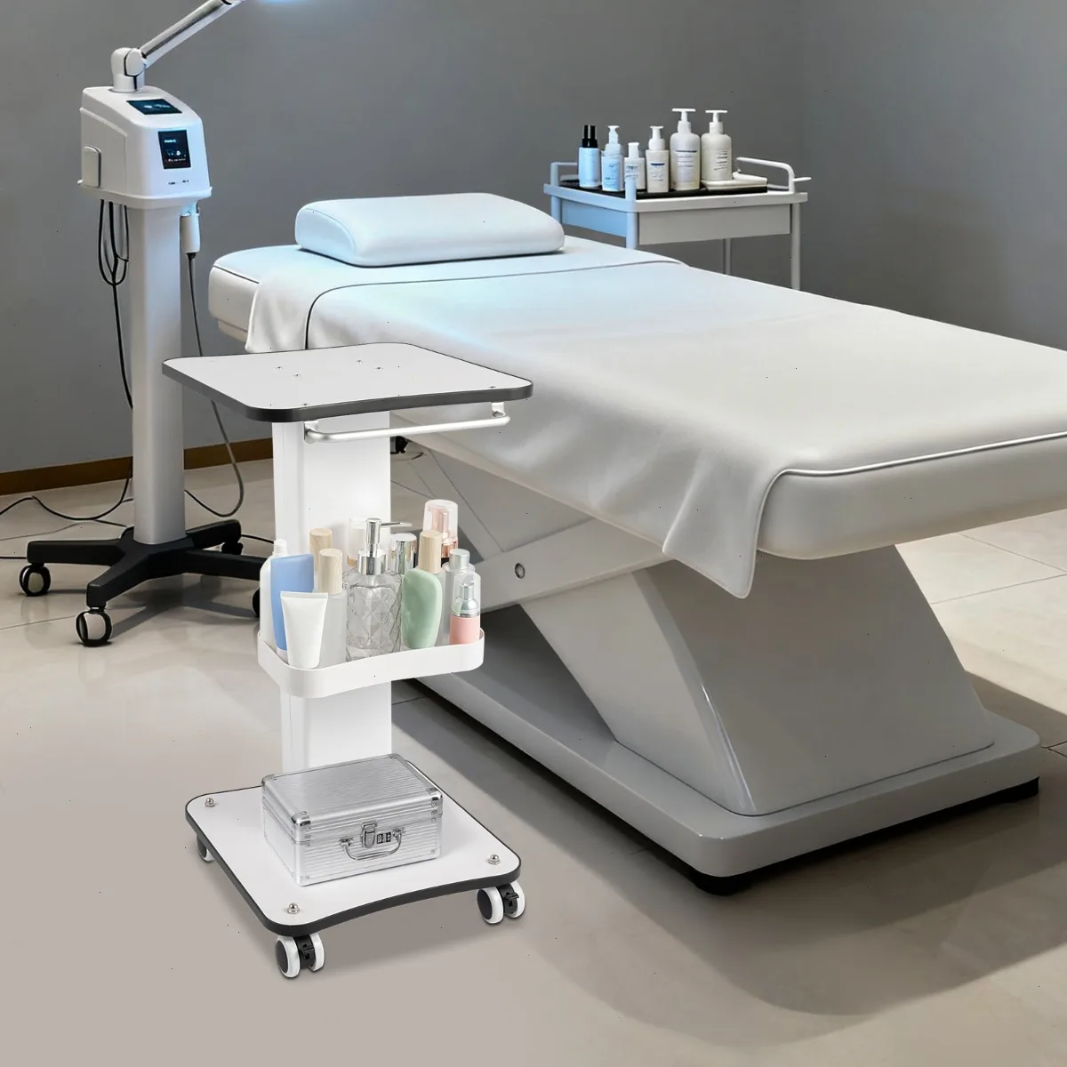 Beauty Trolley Cart with Wheels , 3-Tier Large Capacity Utility Storage , Iron Frame, Wood Tabletop, ABS Trays , Storage Shelf for Salon Spa Nail Equipment, Durable Mobile Rolling Cart