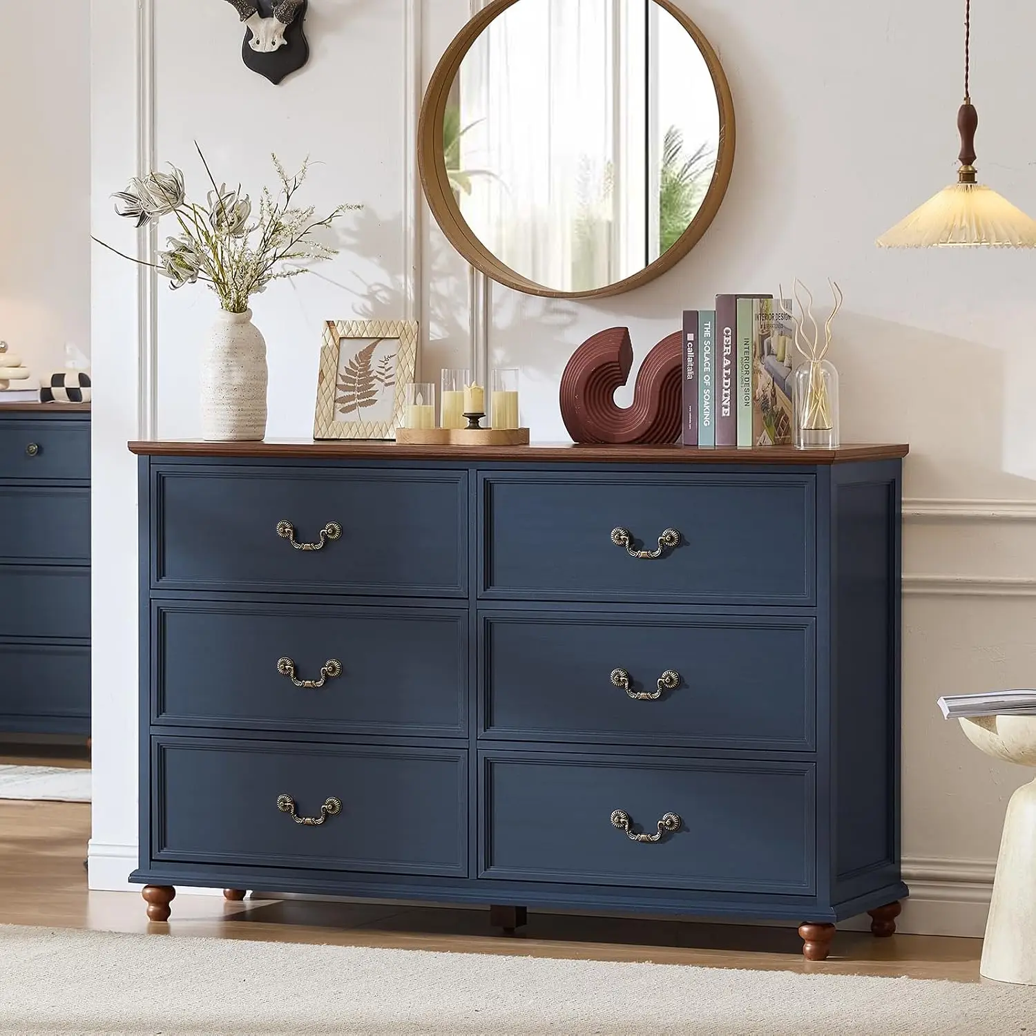 Farmhouse 6 Drawers Dresser for Bedroom, Vintage 54" Wide Chest of Drawers w/ 4 Wooden Legs, Rustic Large Closet, Customized
