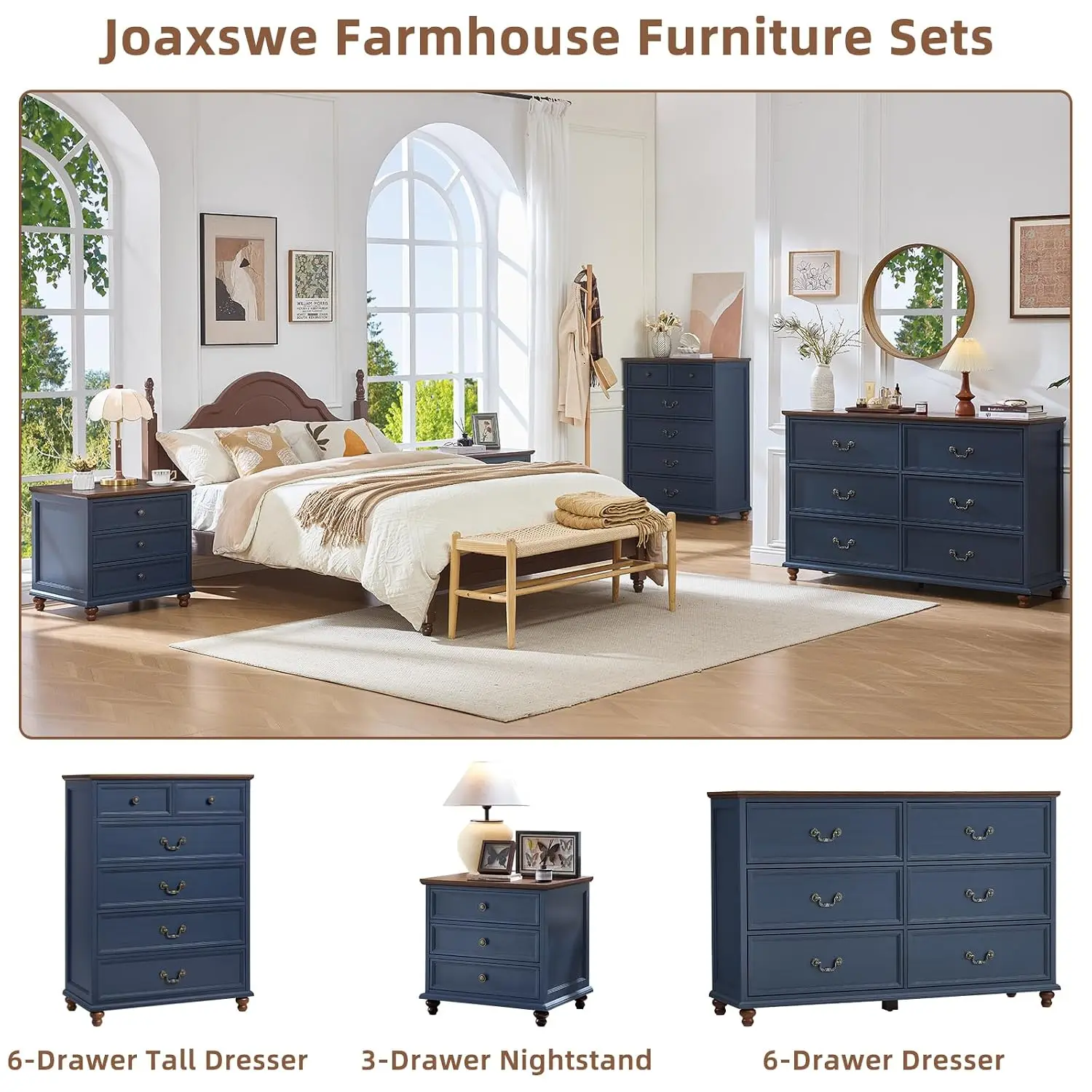 Farmhouse 6 Drawers Dresser for Bedroom, Vintage 54" Wide Chest of Drawers w/ 4 Wooden Legs, Rustic Large Closet, Customized