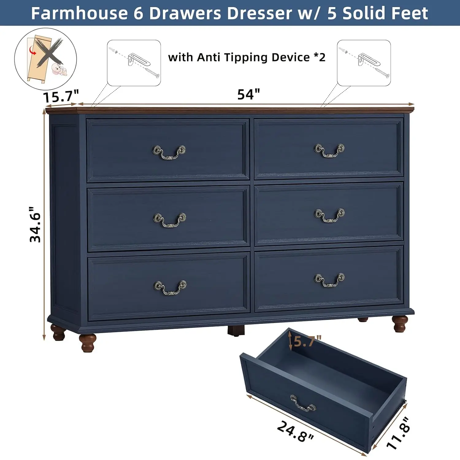 Farmhouse 6 Drawers Dresser for Bedroom, Vintage 54" Wide Chest of Drawers w/ 4 Wooden Legs, Rustic Large Closet, Customized