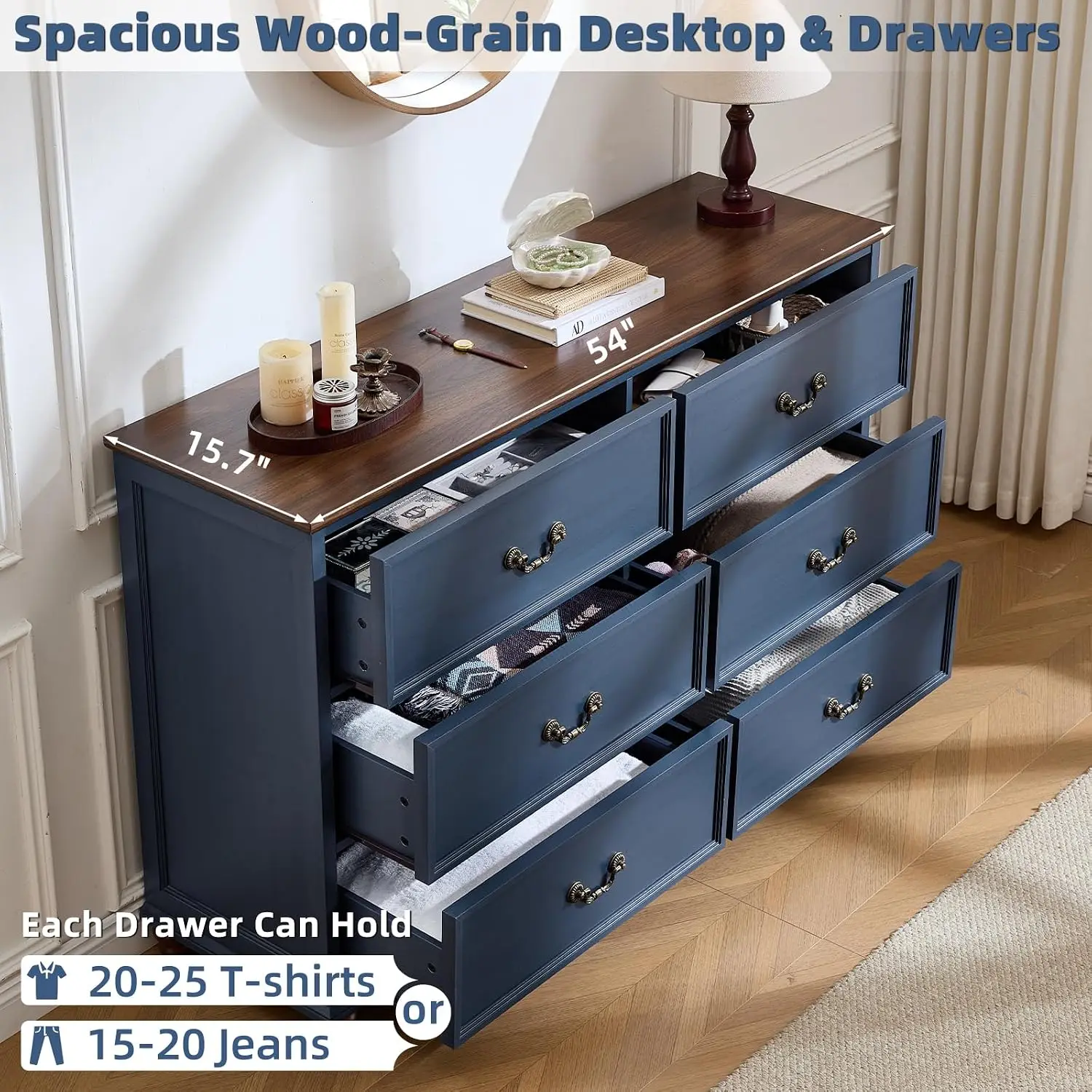 Farmhouse 6 Drawers Dresser for Bedroom, Vintage 54" Wide Chest of Drawers w/ 4 Wooden Legs, Rustic Large Closet, Customized