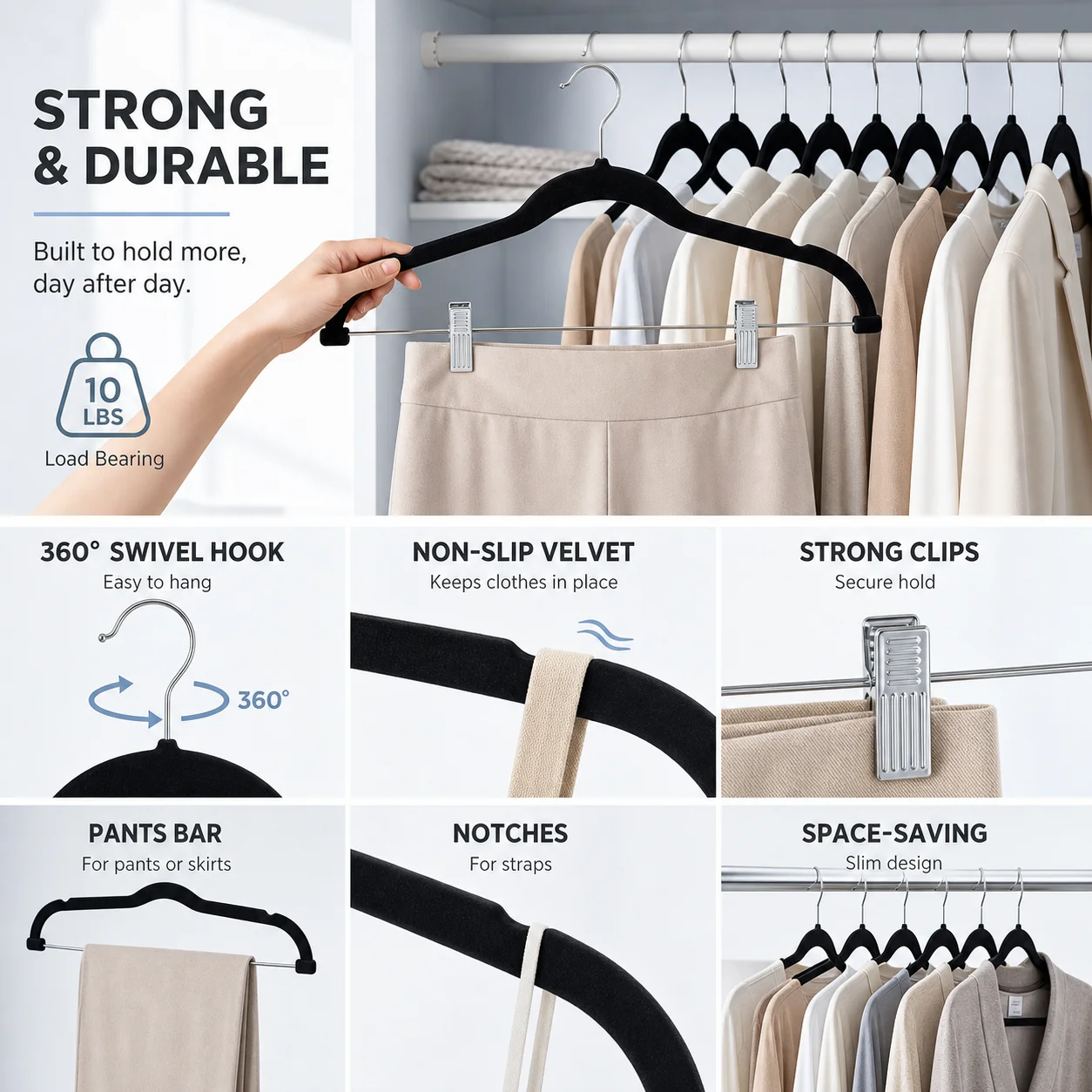 30 PCS Velvet Pants Hangers with Adjustable Clips, 16.7 Inches Heavy Duty Non-Slip Space Saving Clothes Hangers for Pants Skirts Coats Dresses Tank Tops