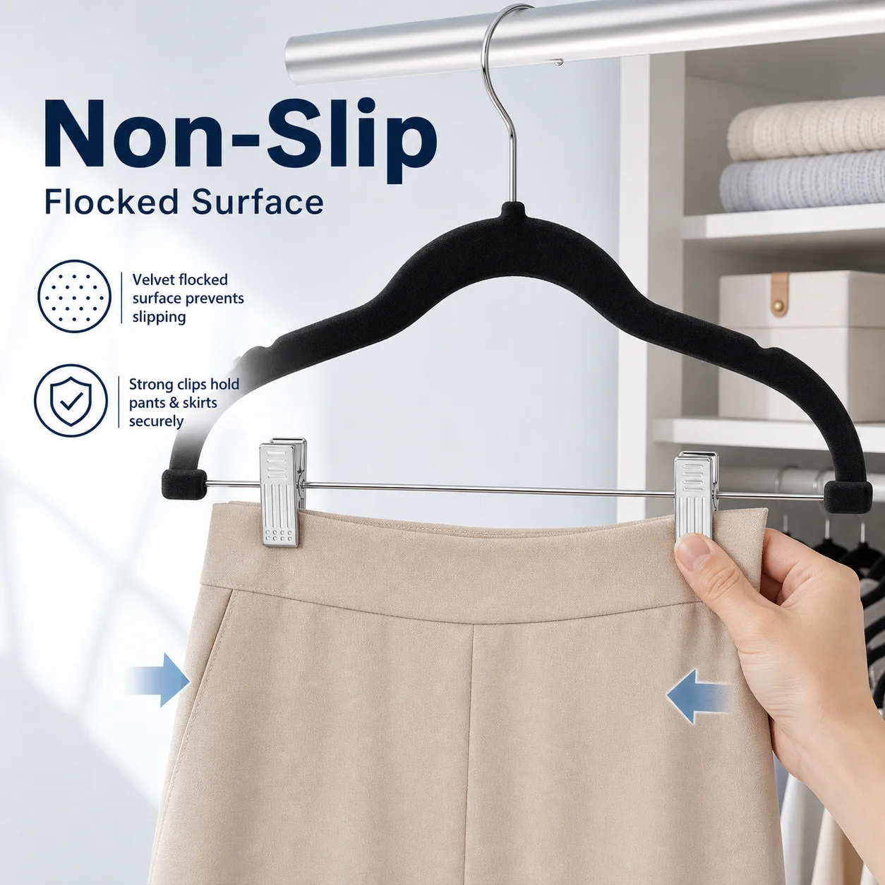 30 PCS Velvet Pants Hangers with Adjustable Clips, 16.7 Inches Heavy Duty Non-Slip Space Saving Clothes Hangers for Pants Skirts Coats Dresses Tank Tops