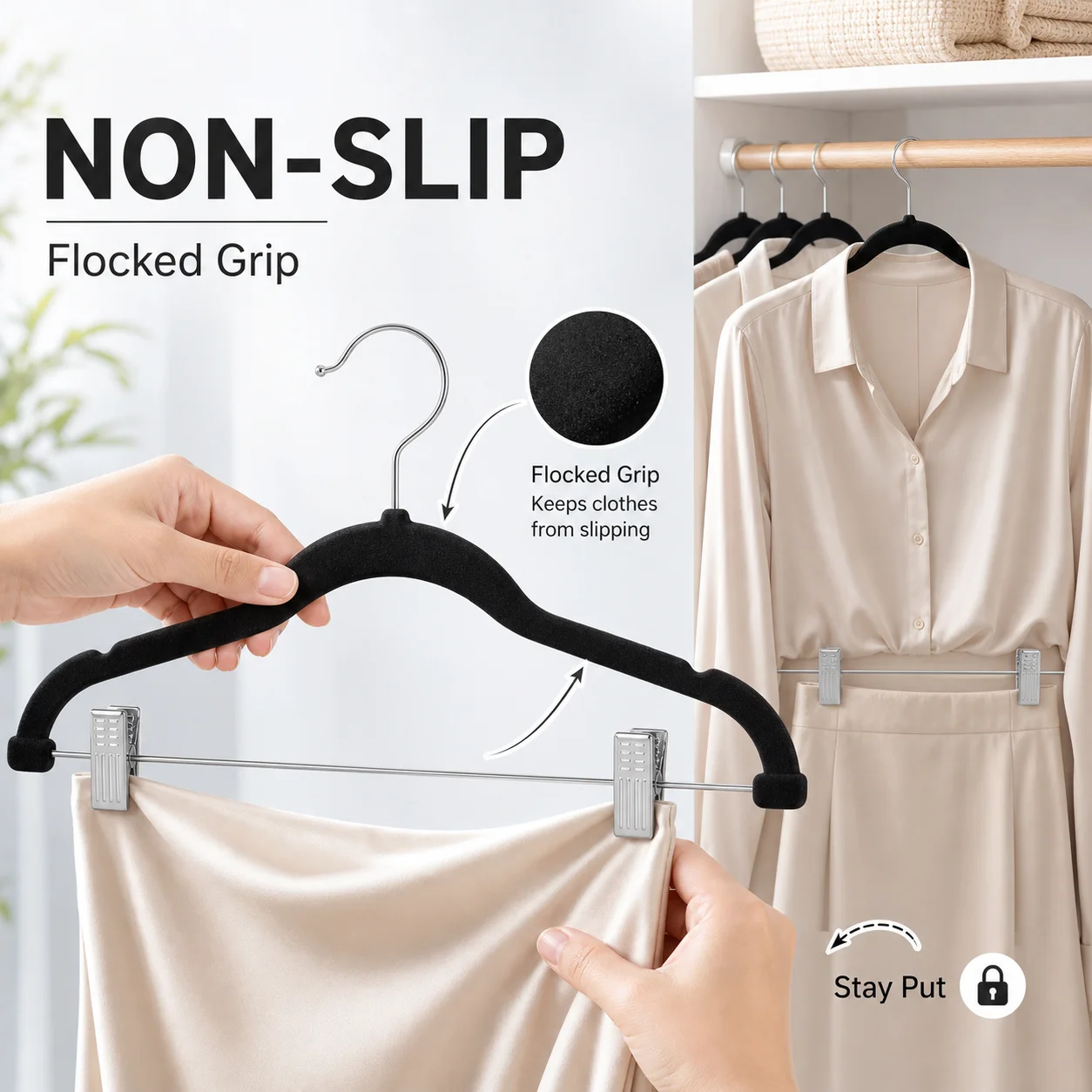 30 PCS Velvet Pants Hangers with Adjustable Clips, 16.7 Inches Heavy Duty Non-Slip Space Saving Clothes Hangers for Pants Skirts Coats Dresses Tank Tops