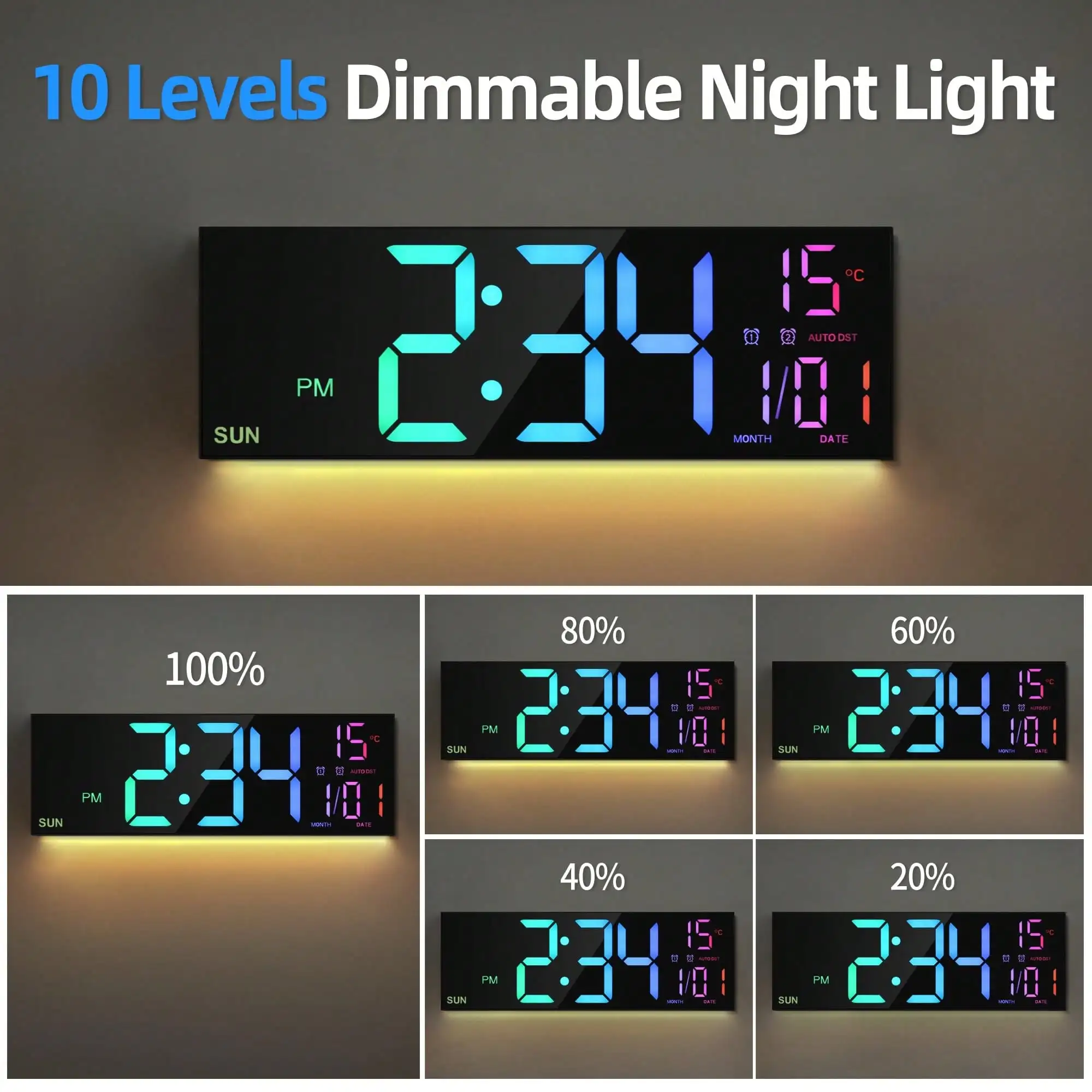 Modern 16-Inch Black LED Digital Wall Clock With Remote Control, Temperature Display, And Auto-Dimming For Stylish Home Decor