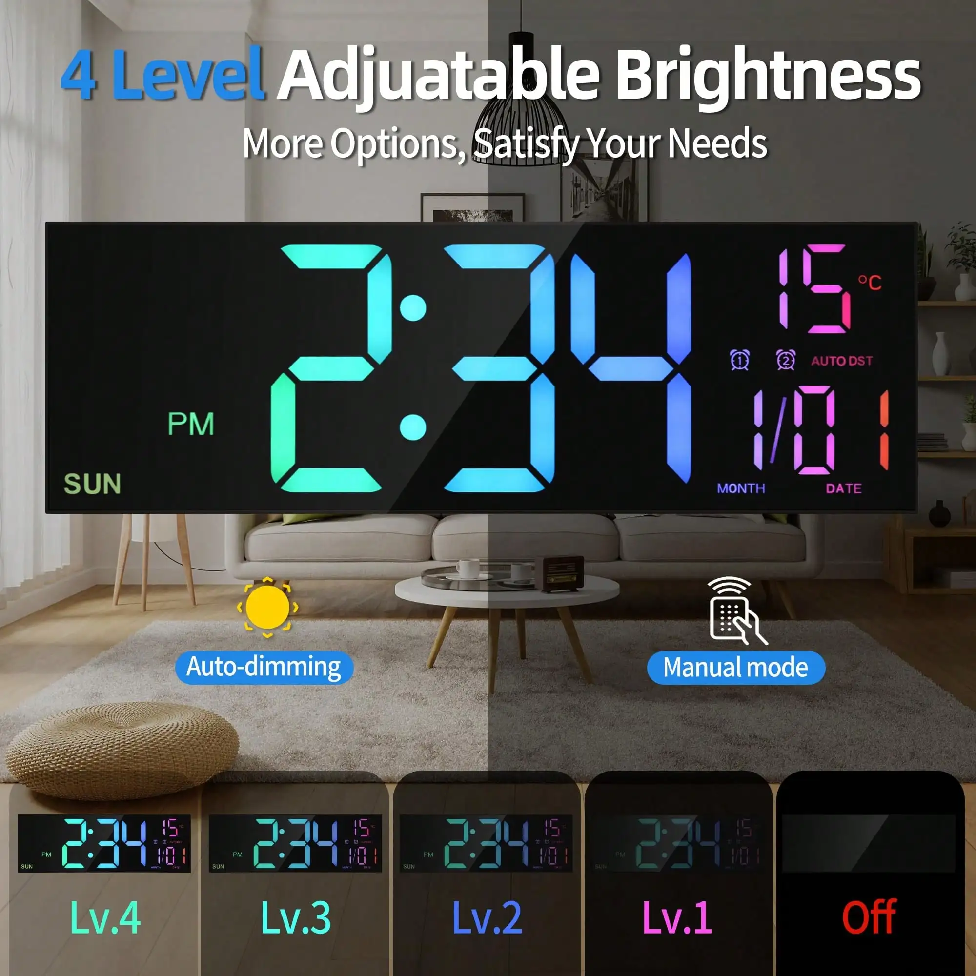 Modern 16-Inch Black LED Digital Wall Clock With Remote Control, Temperature Display, And Auto-Dimming For Stylish Home Decor