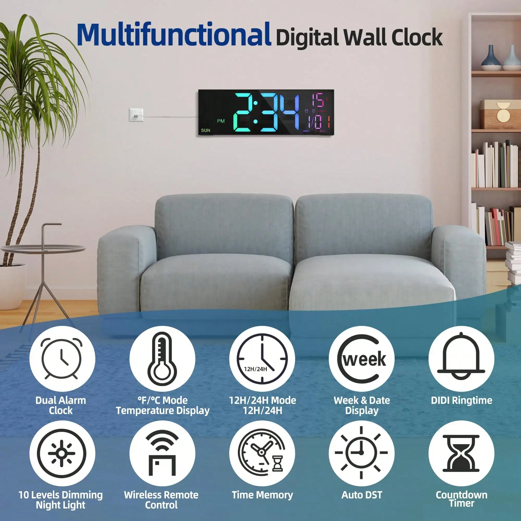 Modern 16-Inch Black LED Digital Wall Clock With Remote Control, Temperature Display, And Auto-Dimming For Stylish Home Decor