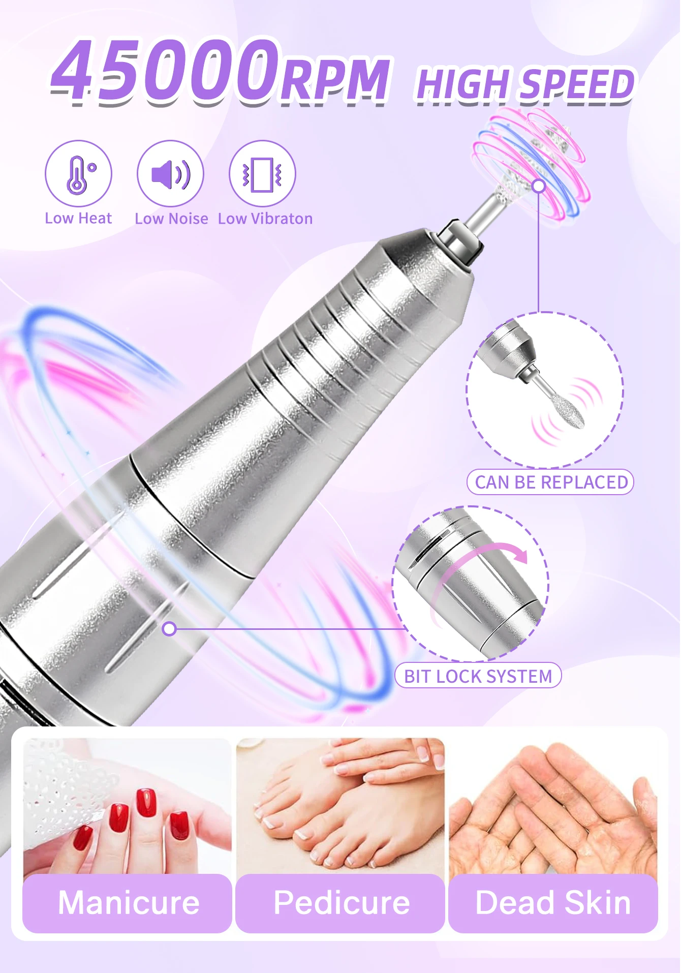 45000RPM Nail Drill Machine Portable Nail Polisher Low Voice Electric Professional Nail Lathe with HD LCD Display