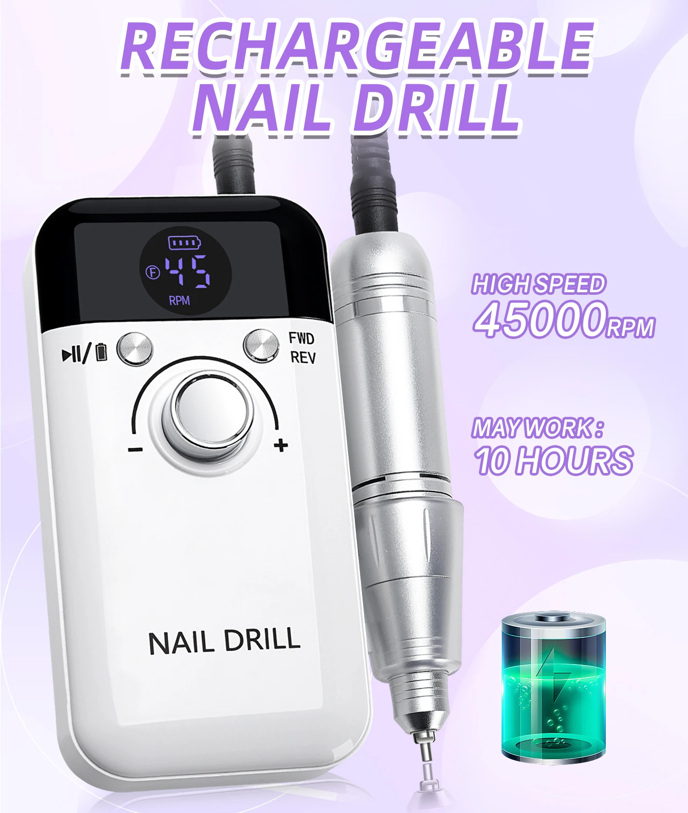 45000RPM Nail Drill Machine Portable Nail Polisher Low Voice Electric Professional Nail Lathe with HD LCD Display